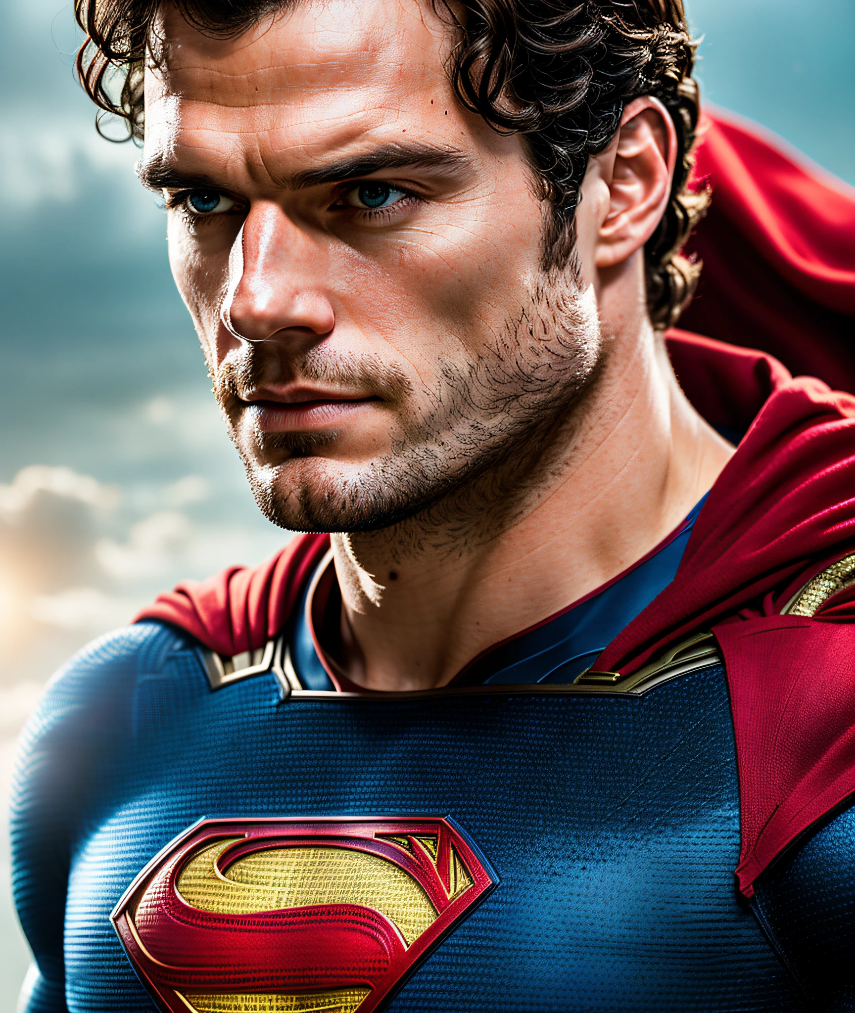 Photo of Henry cavill is superman , superhero, upper body,cinematic, movie, grain movie (2023s)1boy, building destroyed , realistic , (8k, RAW photo, best quality, masterpiece:1.2), (realistic, photo-realistic:1.33), best quality, detailed eyes blue, cute,natural lighting, depth of field, film grain, wrinkled skin, sharp