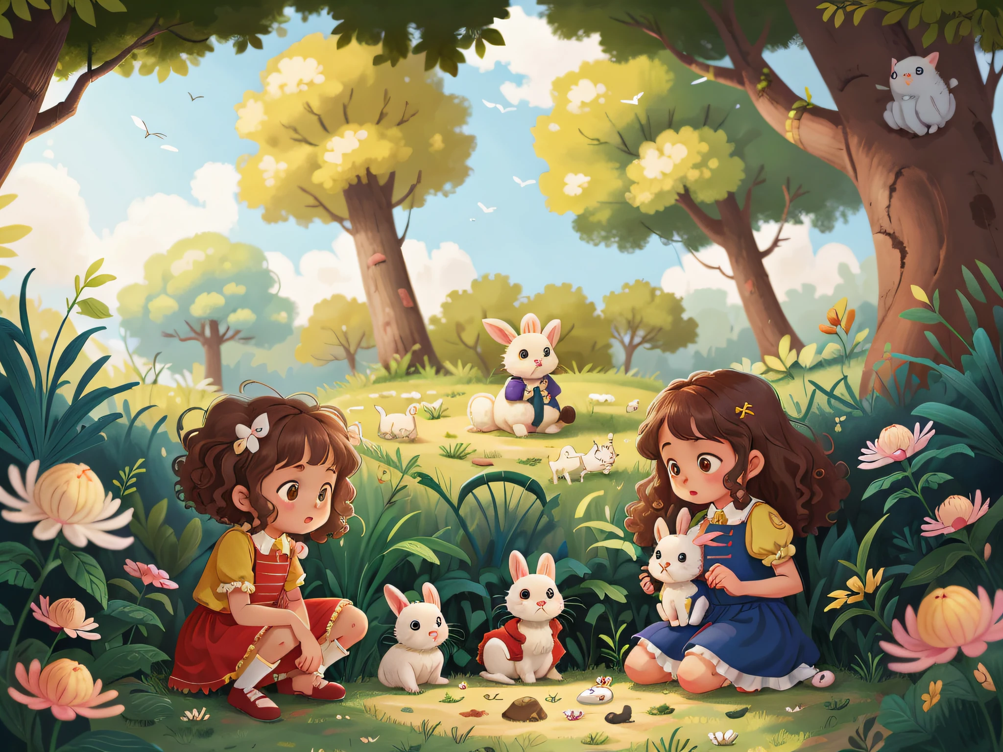 Two twin girls curly brown hair, Livia and Lavinia help injured white rabbit.
