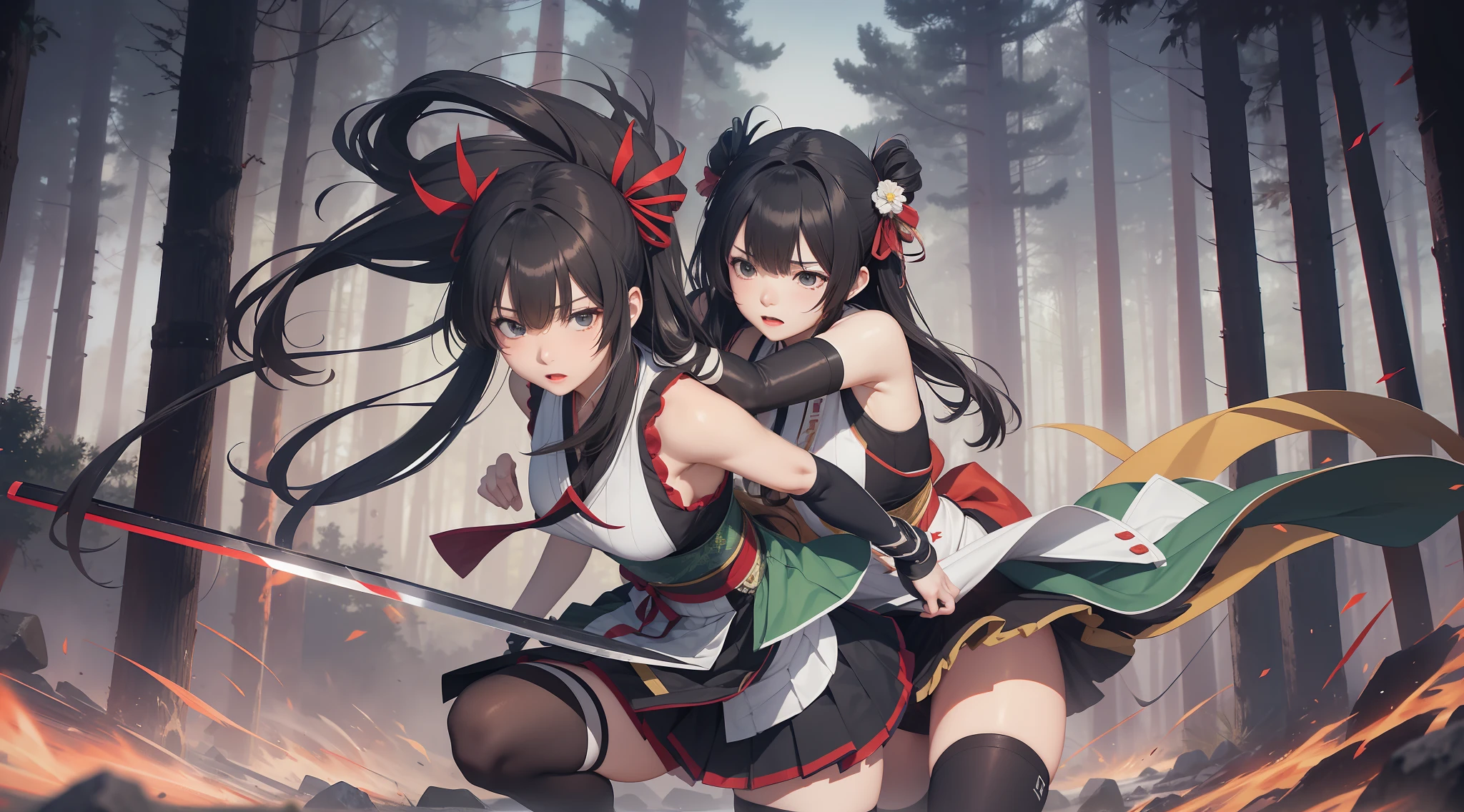 Full body shot from head to feet, two adult female character from Dead or Alive. A thrilling and intense masterpiece depicting a deadly duel between Kokoro versus Hitomi, both expert swordswomen, with the fight reaching a climactic moment of truth. The dynamic action capture the moment as Hitomi takes a lethal blow and succumbs to her injuries, leaving Kokoro as the sole victor in this high-stakes battle. Kokoro have long loose hair. Hitomi have long loose hair. Kokoro wear traditional sleeveless kimono, obi tied on the back hip, black long gloves, medium skirt, and black thigh highs. Hitomi wear traditional sleeveless kimono, obi tied on the back hip, black long gloves, medium skirt, and black thigh highs. Background set on lush forest, with no effect.