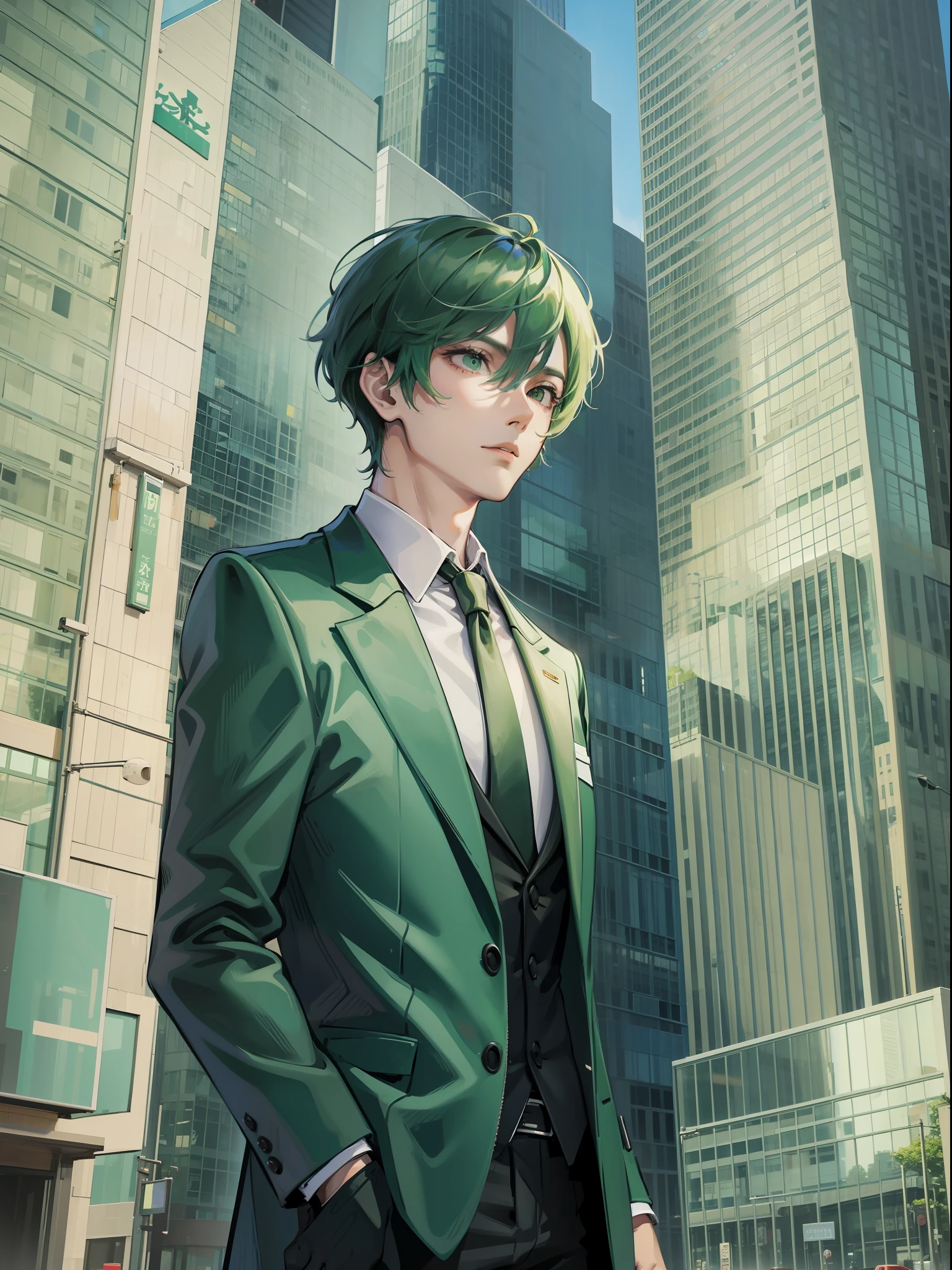 A man, Chinese, short hair, green hair, suit, modern city, high-rise building