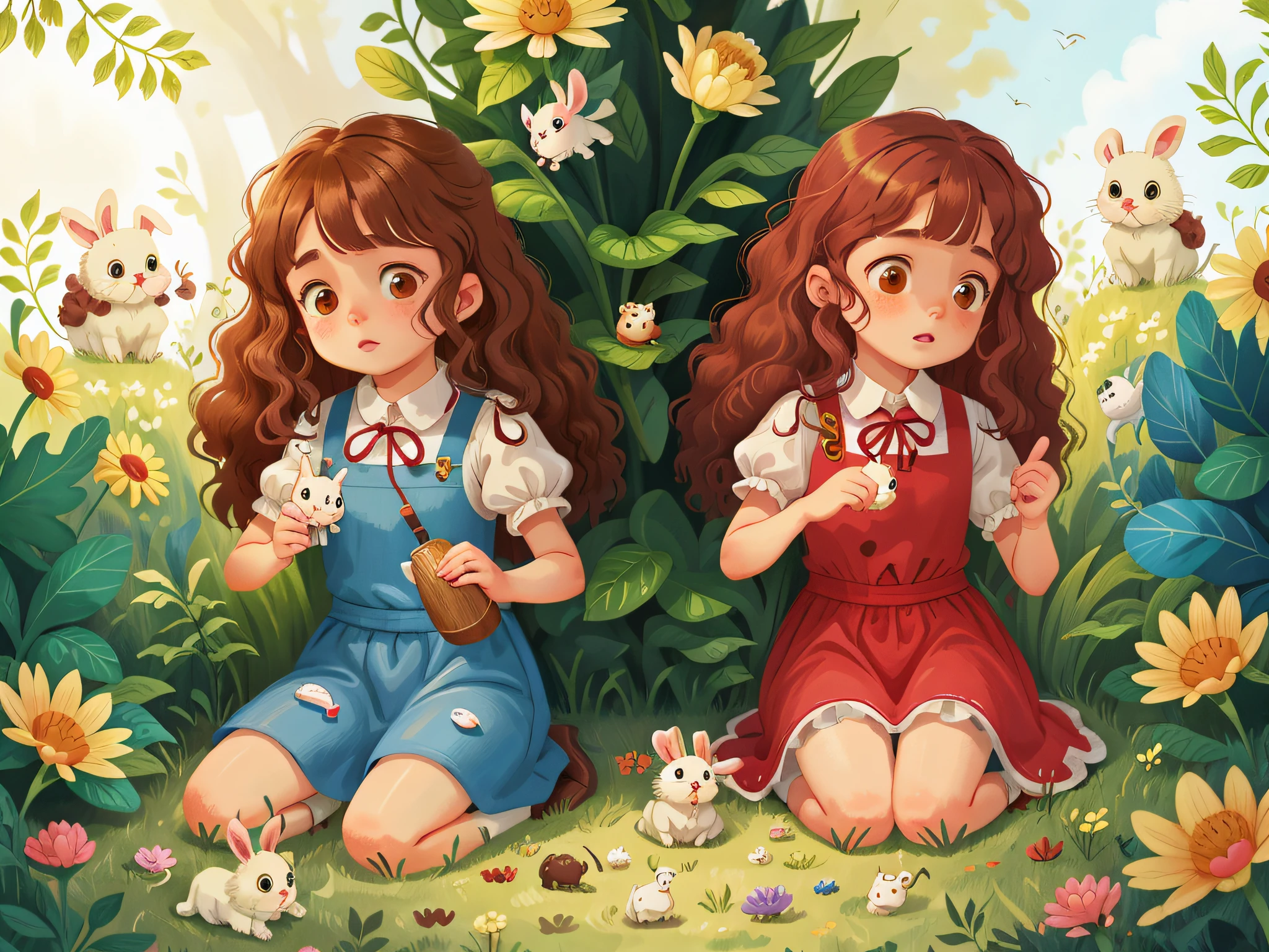 Two twin girls curly brown hair, Livia and Lavinia help injured white rabbit.