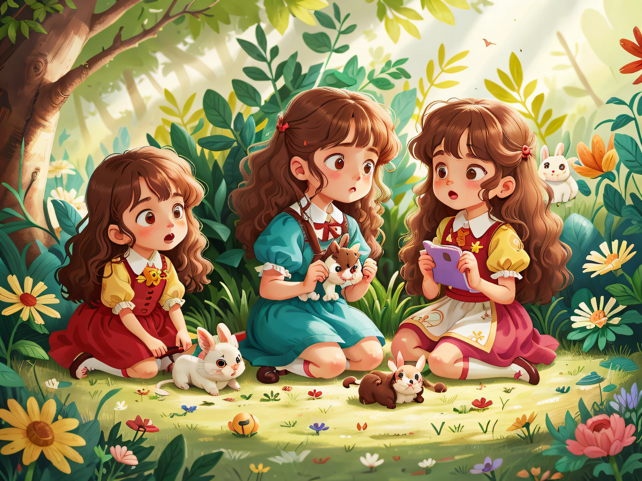 Two twin girls curly brown hair, Livia and Lavinia help injured white rabbit.