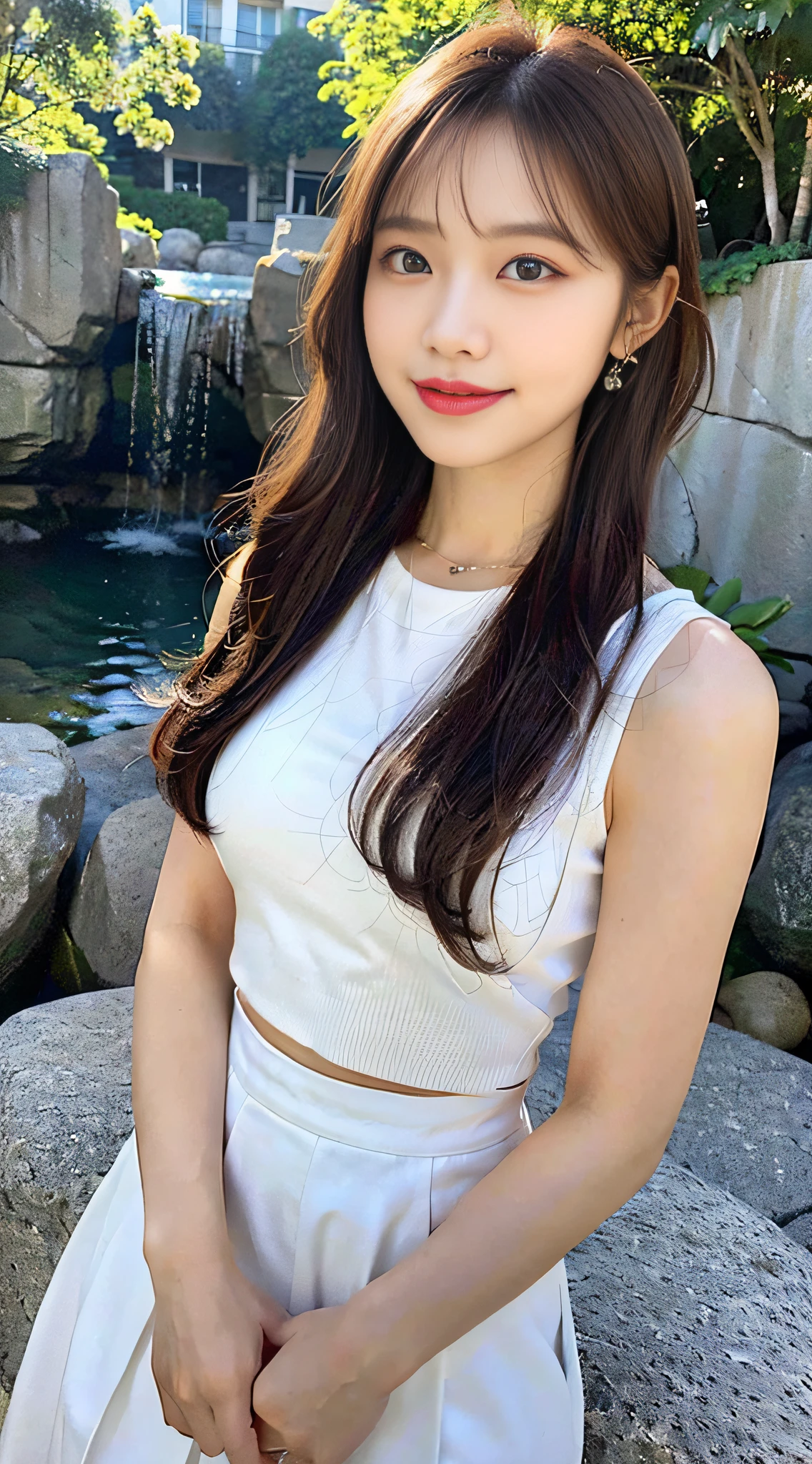(8k, RAW photo, best quality, masterpiece: 1.2), (realistic, photorealistic photo: 1.37), professional lighting, photon mapping, light energy transfer, low cut, big breasts, ((slightly fat)), korean girl, waterfall background, suspender top, long skirt, small white shoes, highly detailed face and skin texture, fine eyes, double eyelids, whitened skin, long hair, (shut up: 1.3), smile