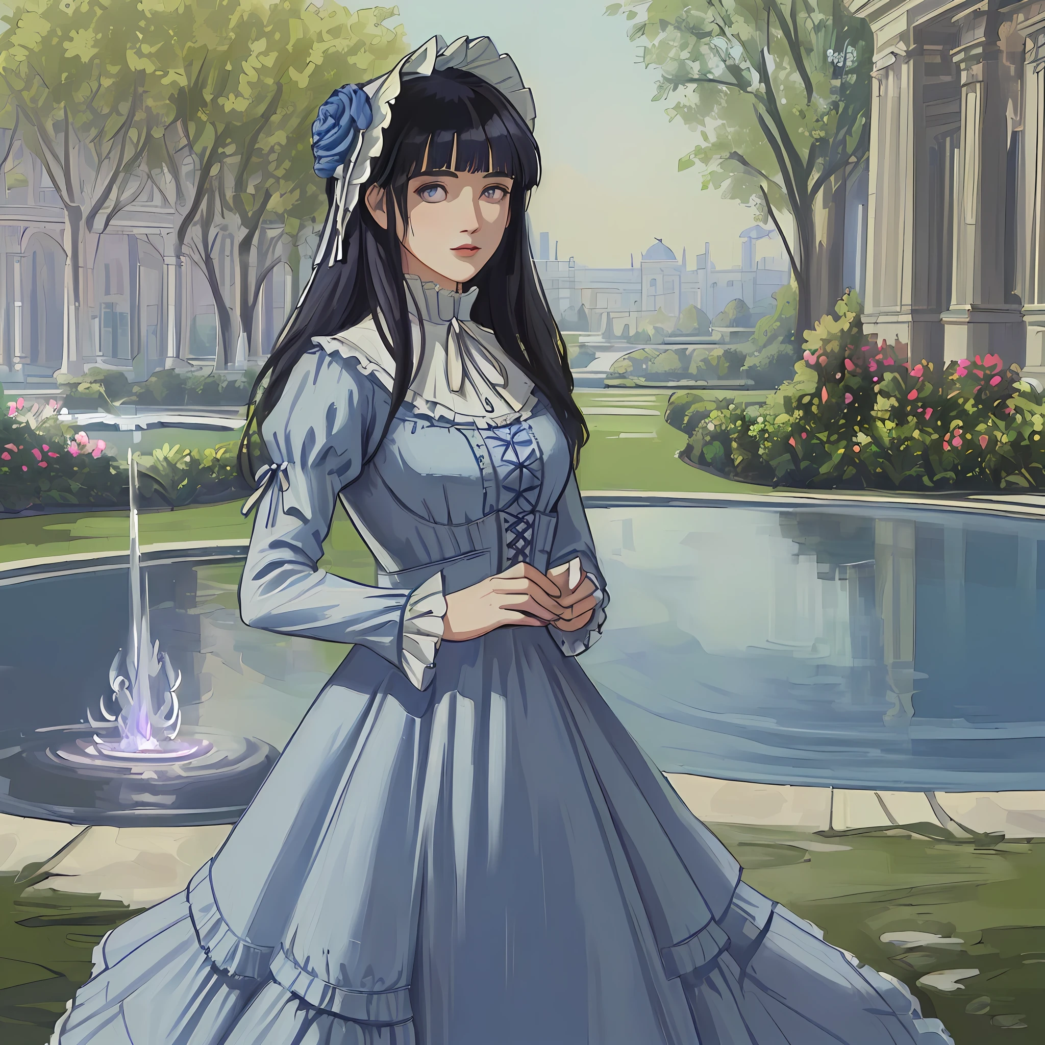 ((((masterpiece)))), (best quality), ((Hyper detailed)), ((High
 detail)), ((Exquisite detail)), (1 girl), (solo), (cowboy shot), (looking
 at viewer),((outside)), (((antique))), ((palace)), ((garden)), ((fountain)),
(flower), ((mature female)),((victorian dress)), ((medium breasts)),
((bonnet)), (long hair), hinata/(boruto/), dark blue hair, detailed lips, wavy hair