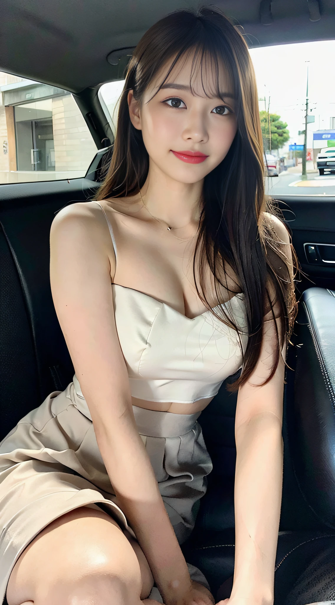 (8k, RAW photo, best quality, masterpiece: 1.2), (realistic, photorealistic photo: 1.37), professional lighting, photon mapping, light energy transfer, low cut, big breasts, ((slightly fat)), korean girl, background lying on top of car, bandeau top, long skirt, small white shoes, highly detailed face and skin texture, delicate eyes, double eyelids, whitened skin, long hair, (shut up: 1.3), smile
