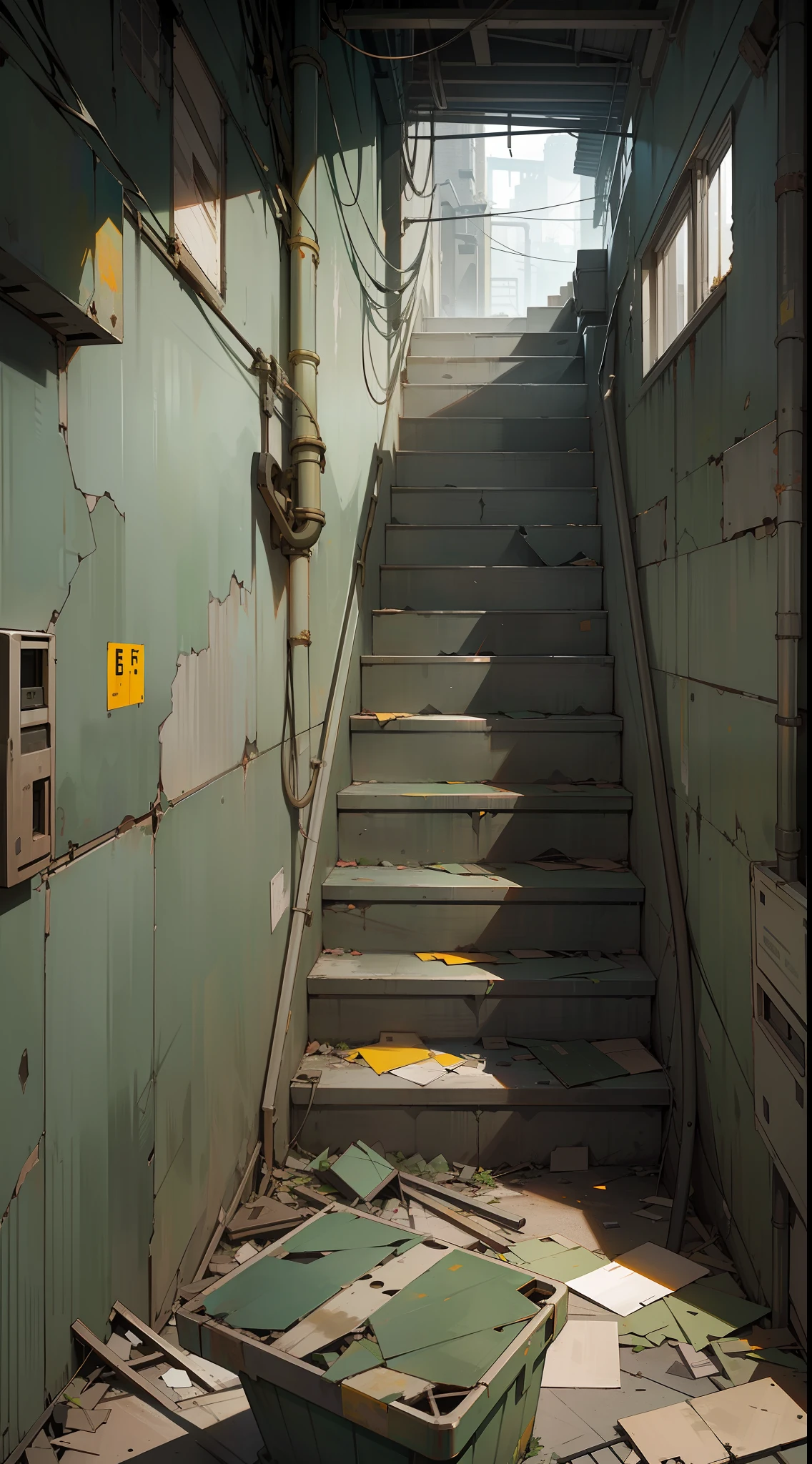 masterpiece,best quality,(view from below),(main color: dark green), (secondary color: gray), (metal grid stairs of an industrial area),(suspense environment), worn walls, cracks, cables, abandoned boxes, garbage and papers on the floor, pipes, bulbs (volumetric yellow light), window with broken glass, dark night