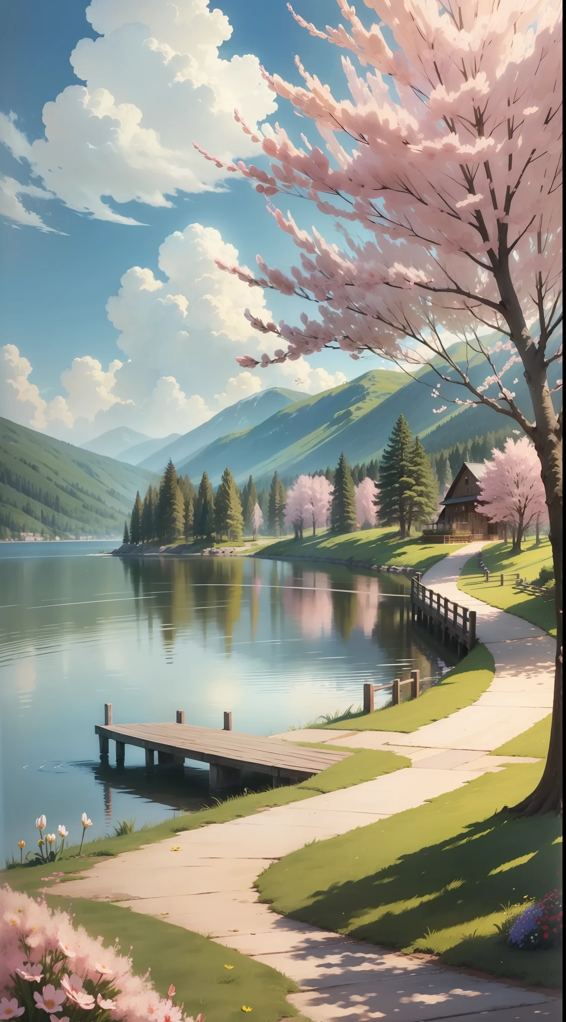 In spring, the sun is warm, and it stretches out its big warm hand, which makes people feel comfortable. The spring breeze blows away the clouds, and the sun smiles gladly, sprinkling warmth and brilliance on the lake.