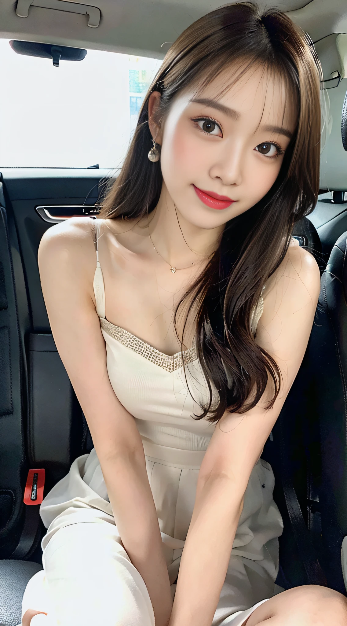(8k, RAW photo, best quality, masterpiece: 1.2), (realistic, photorealistic photo: 1.37), professional lighting, photon mapping, light energy transfer, low cut, big breasts, ((slightly fat)), korean girl, background car interior, bandeau top, long skirt, small white shoes, highly detailed face and skin texture, fine eyes, double eyelids, whitening skin, long hair, (shut up: 1.3), smile