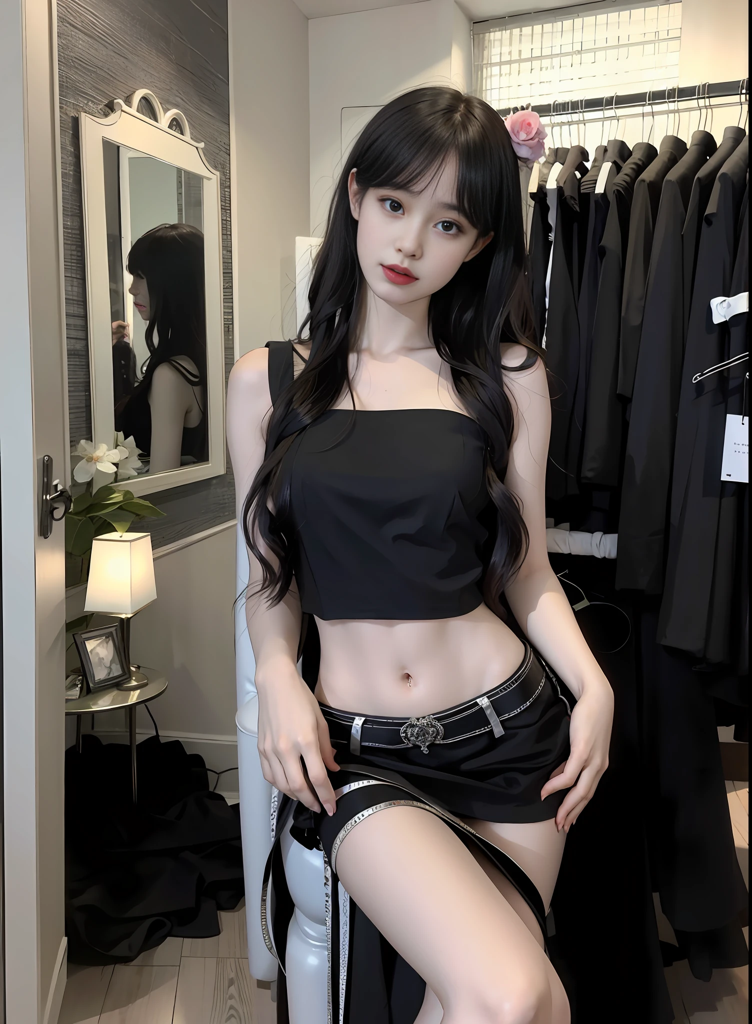 young girl, long hair realistic, vivid image, masterpiece, (best quality: 1.2), ultra detail, realistic, hd, high quality, cinematic light, ray tracing, ultra high resolution, UHD, (ultra lifelike: 1.5,), complex detail, detailed texture, fine detail, high quality shadows, beautiful skirt, full body, standing, sexy pose, seductive pose, thin buttocks, long legs, small breasts, black silk.