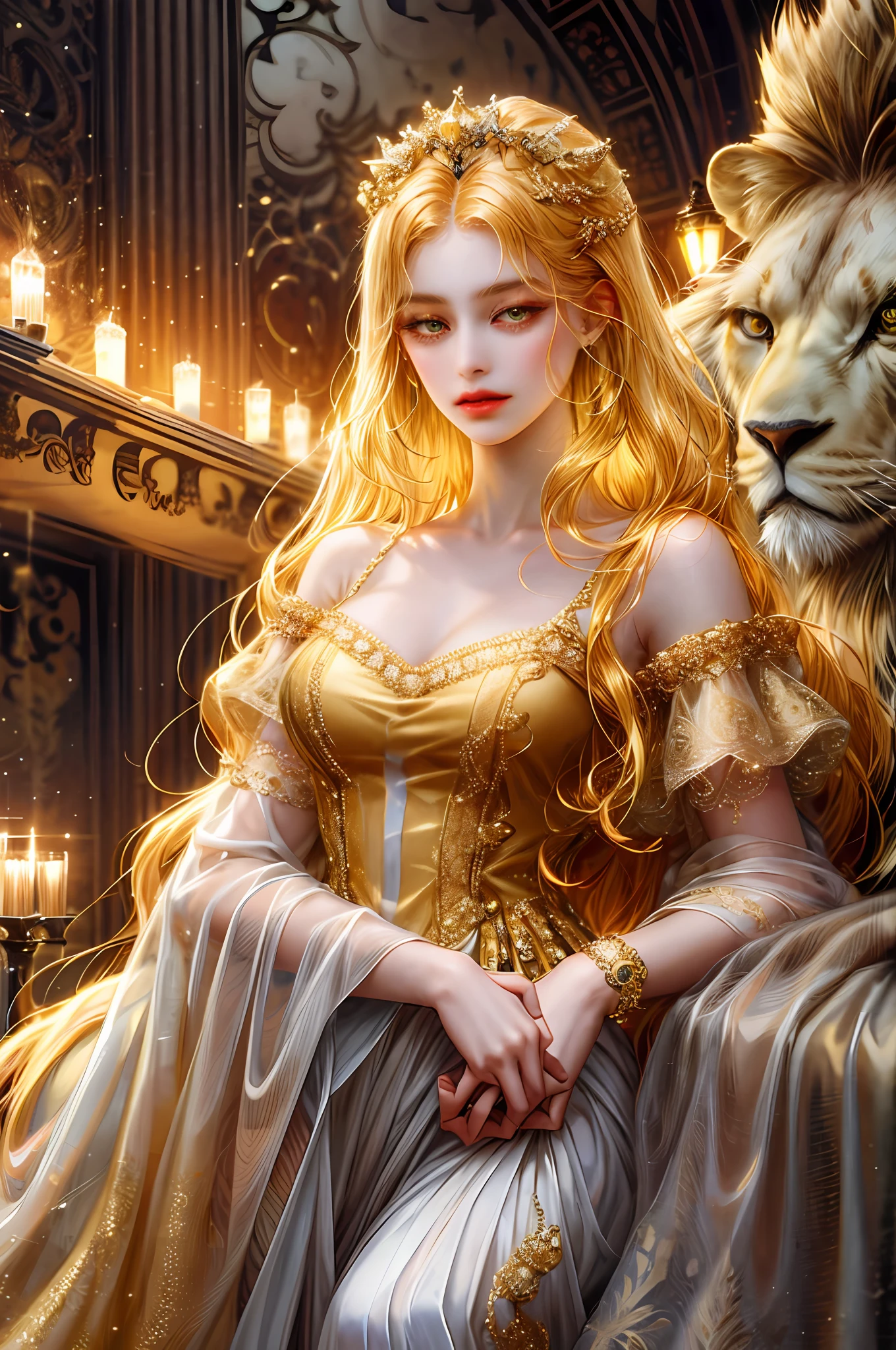 ( High quality , ultra detailed, careful with hand )Zodiac - Leo goddess , similar to latin goodness , Dominant, courageous, aristocratic, idealistic face , Arrogant, impulsive, despotic, hedonistic style , golden eyes (eyes detail) , golden-yellow hair , transparent dress , in the golden ocean , whole body , strong make up look , That girl has lion vibe . Dark vibe