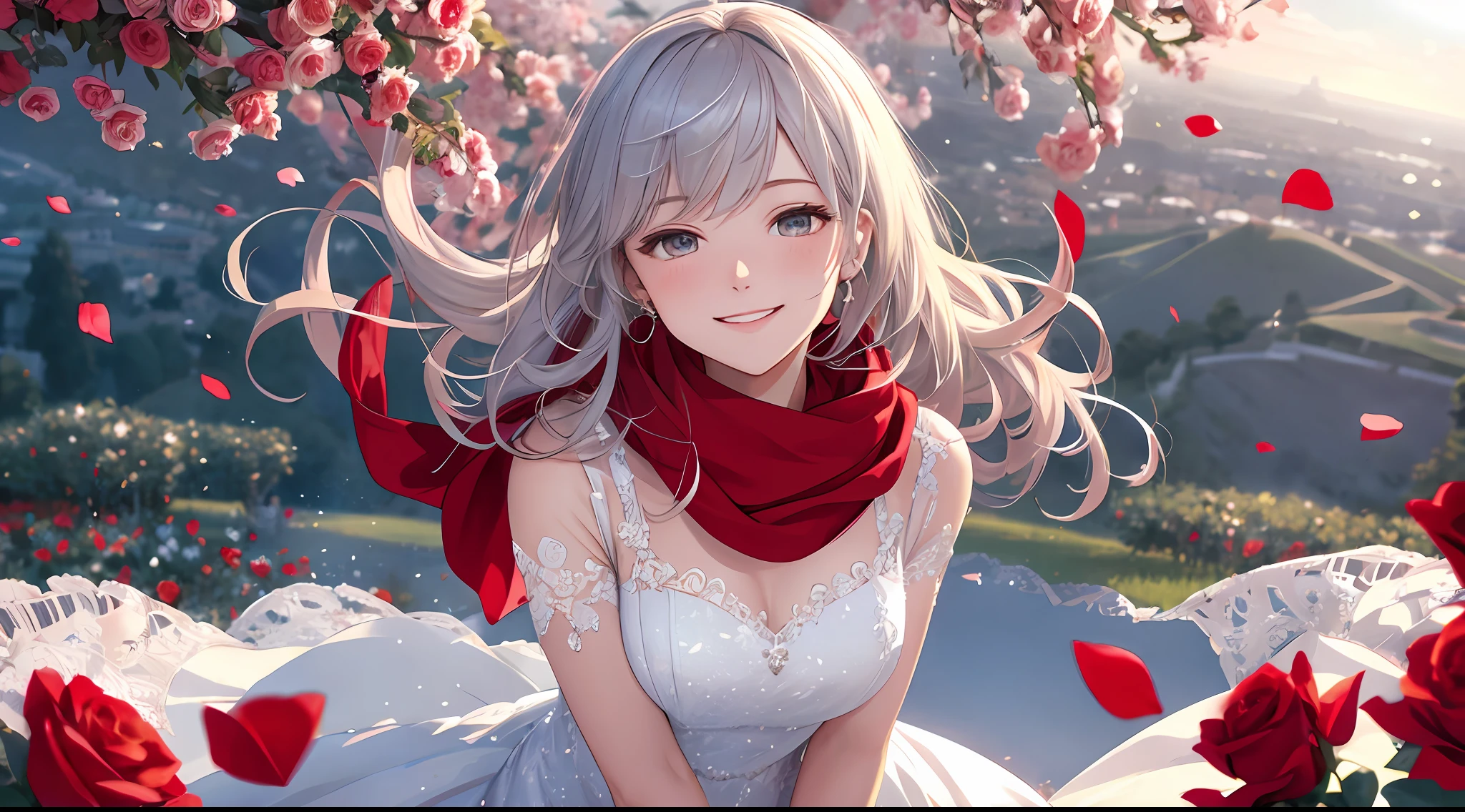 Vista, Panorama, Perspective, Depth of Field, Bust, Upper Body, Cinematic Angle, Masterpiece, Best Quality, Ultra Detailed, CG, 8K Wallpaper, Beautiful Face, Delicate Eyes, A Maiden, Solo, Smile, Silver Hair, Golden Eyes, Fair Skin, Hair Strands, Red Scarf, White Evening Dress, Rose Field, Red Flowers, Roses, Flower Field, Petals, Flying Petals, Smiling