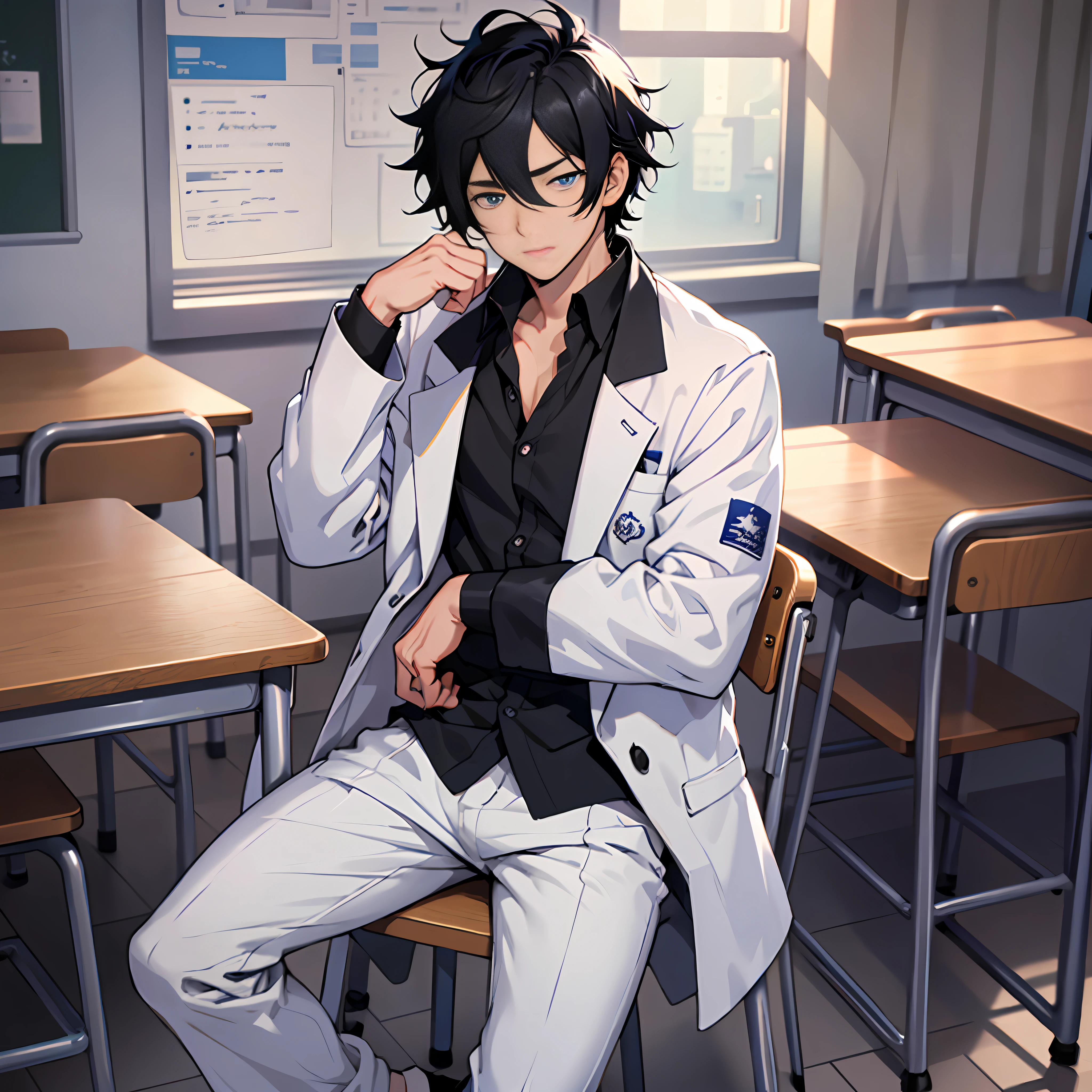 Best quality: 1.0), (super high resolution: 1.0), anime boy, short black hair, blue eyes, white coat, black pants, sleeping on a stool, background in classroom