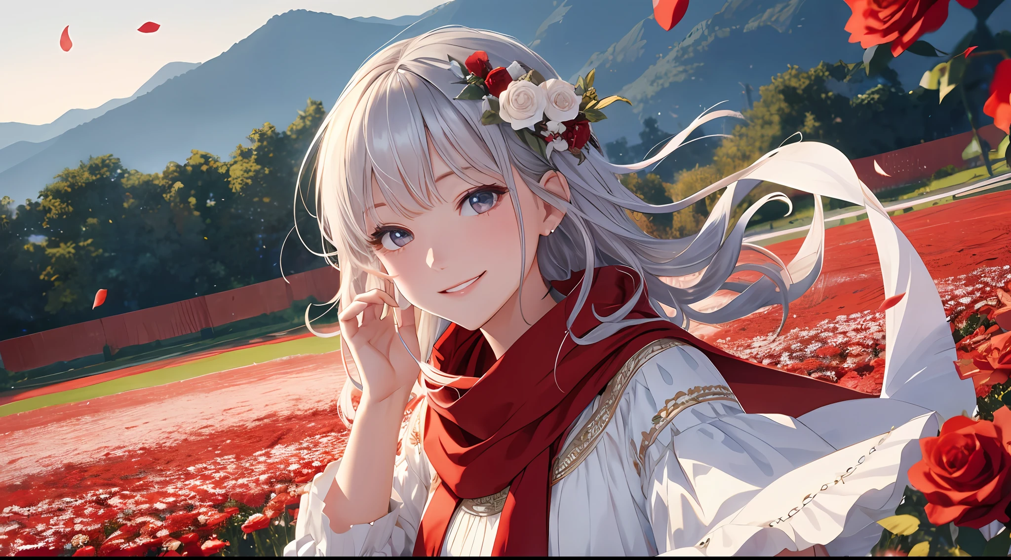 Vista, Panorama, Perspective, Depth of Field, Bust, Upper Body, Cinematic Angle, Masterpiece, Best Quality, Ultra Detailed, CG, 8K Wallpaper, Beautiful Face, Delicate Eyes, A Maiden, Solo, Smile, Silver Hair, Golden Eyes, Fair Skin, Hair Strands, Red Scarf, White Evening Dress, Rose Field, Red Flowers, Roses, Flower Field, Petals, Flying Petals, Smiling