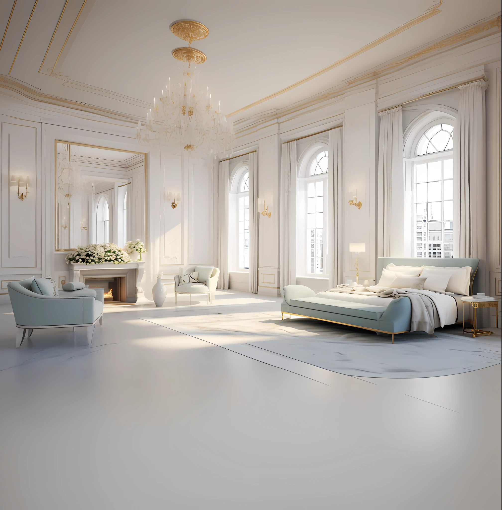 there is a large bedroom with a bed and a chair in it, neoclassical style, neo - classical style, elegant render, elegant and refined, luxury hd render, marble room, luxurious environment, royal interior, elegant interior, baroque marble and gold in space, all white render, elegant baroque, white marble interior photograph, marble floors, stunning 3d render