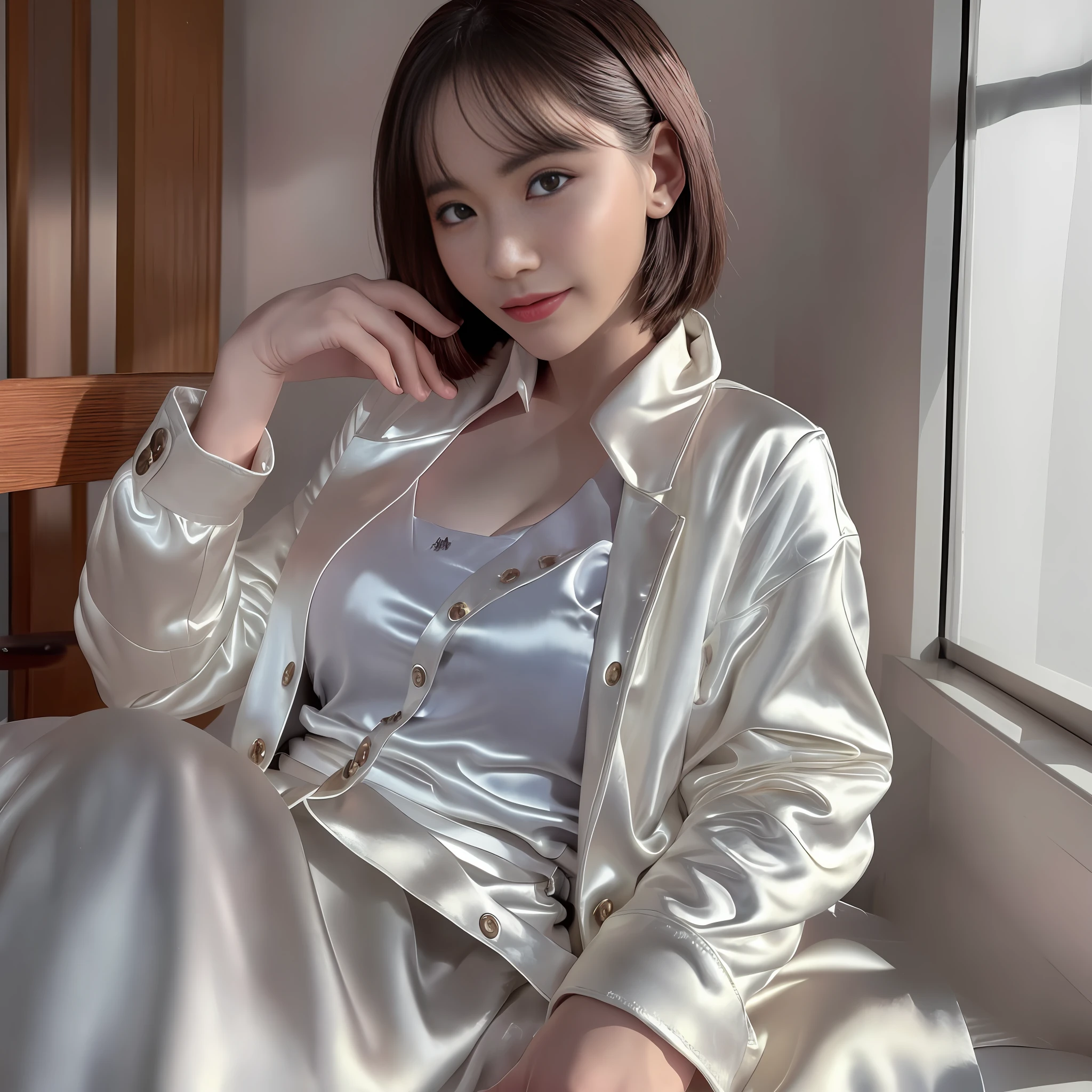 (RAW Photos, Best Quality, Masterpiece: 1.2), (Realistic, Photorealistic: 1.37), 1 Girl, Light Smile, (Big: 1.2), (High Detail: 1.2), (Detail Background: 1.2), (Shiny Skin: 1.2), (Skin Dents: 1.3), (Plump: 1.2), (Perfect Body: 1.35), (Portate: 0.8), Gorgeous, Floating Hair, Head Tilt, watch the viewer, (small head: 1.4), wear a satin wrench coat, the material of the satin wrench coat and satin blouse is shiny, soft and smooth to the touch, the buttons of the satin wrench coat are large, the buttons in front of the satin wrench coat are fastened, and the underwear is not worn, the collar of the satin blouse must be taken out of the satin wrench coat, Body-fitting satin blouse, chest is C cup, Japan fashion model, wearing a shirt, wearing a coat, one beauty, the place is a hotel bedroom, the subject is one,