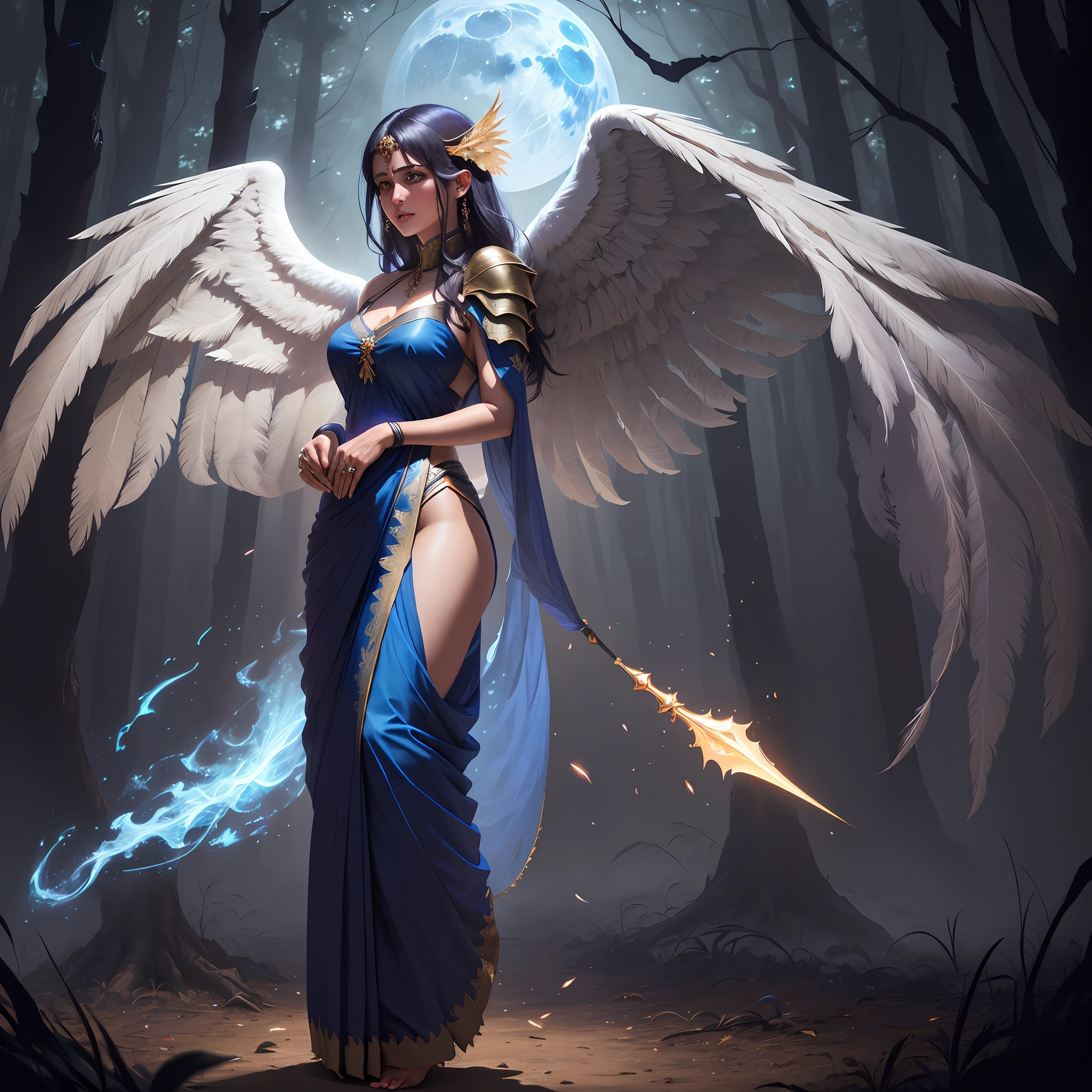 ((best quality)), ((masterpiece)), (detailed), woman standing before Moon in the Forest, (((dark night,nightgown, night))),((fate/stay night, ))((back lit, dark mood, blue tone)) (Artstation contest winner:1.1), (fantasy art:1.3), (portrait armored saree girl:1.2),(((Long feathered wings)))(Peter Mohrbacher:1.1), (unreal engine:1.1), , spiked metal armor, (dynamic composition:1.3), (8k resolution:1.2) , indian women wareing saree,