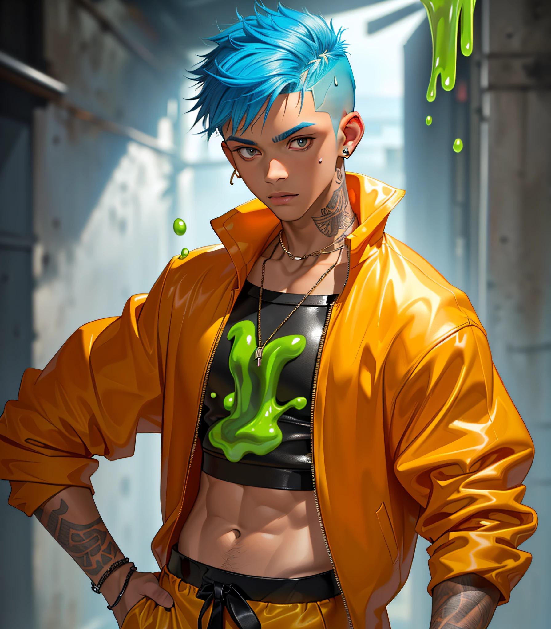 Slime boy, (slime) Slime hair Hi-top fade style, Fulvous orange, wearing punk clothing, Masterpiece, Best Quality