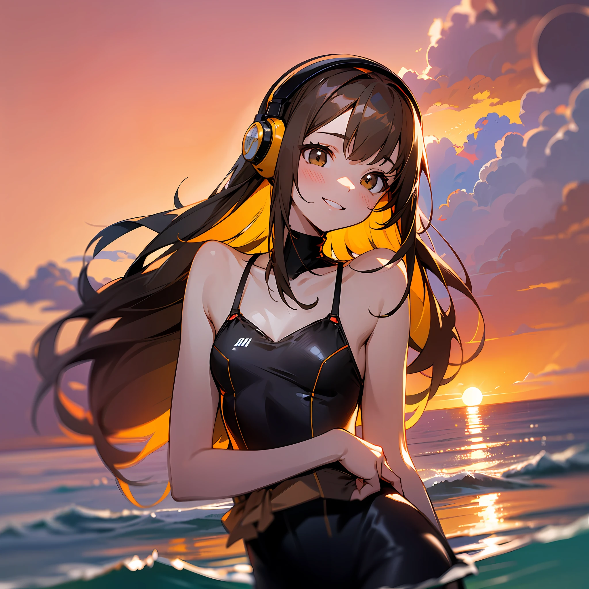 1girl, flat chest, cute, beautiful and delicate eyes, long brown hair, visible through hair, thin eyebrows, American style poster, free style, bright colors, yellow tones, girl, bright smile, black eyes, girly, lace swimsuit: Black_clothing_body: jumpsuit), facial features, with red headphones, yellow sky, seaside, sunset, sunset atmosphere, white sand, orange and yellow clouds, sunset at sea level, seagulls in the upper right corner of the screen, The clouds are in the upper right corner of the frame. --auto --s2