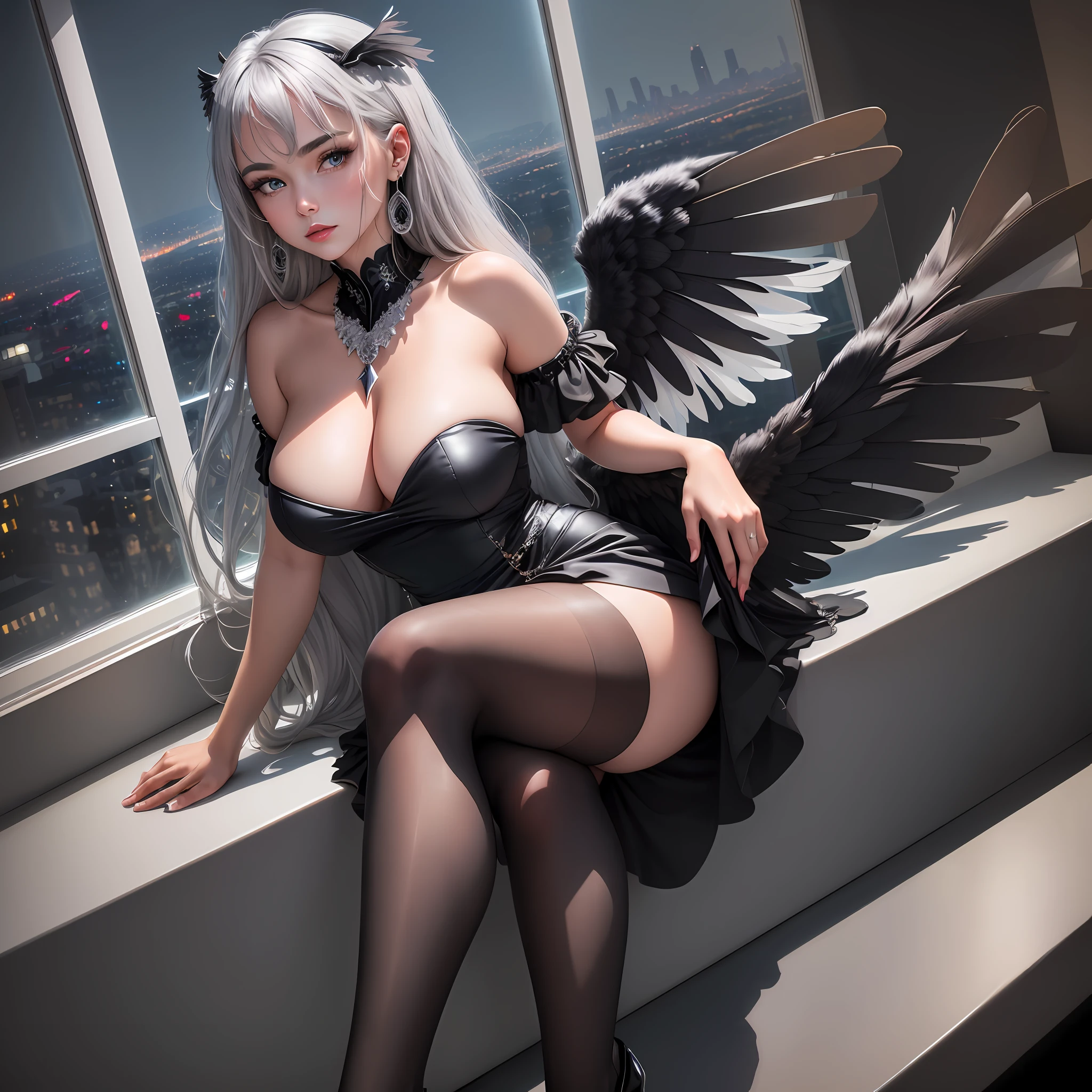 (8k, RAW photo, best quality, masterpiece: 1.2), (((1 girl with beautiful and huge black and white wings, solo))), (perfect eyes), detailed face, detailed skin, aquamarine eyes, ((gray hair)), long hair, (ornament hair, earrings, necklace), portrait, (blue dress without clothes: 1.3), revealing clothes, looking at the viewer, looking at the camera (black pantyhose, thighs), crossed legs,  (silver heels: 1.5), window, city, street, night, hotel, skyscraper, skyline, view, cinematic