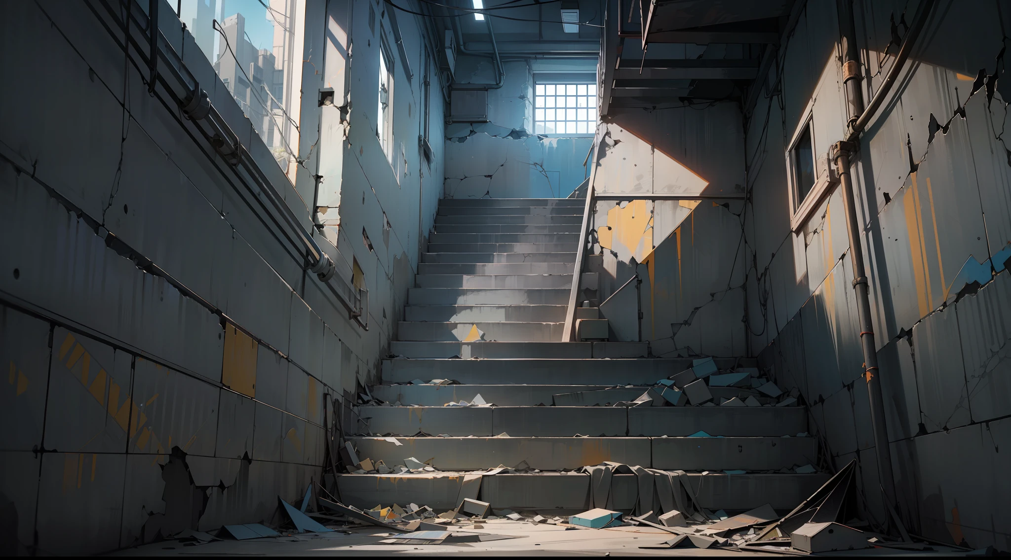masterpiece,best quality,(view from below),(main color: pastel sky blue), (secondary color: carbon black), (metal grid stairs of an industrial area),(suspense environment), worn walls, cracks, cables, abandoned boxes, garbage and papers on the floor, pipes, bulbs (volumetric yellow light), window with broken glass, dark night