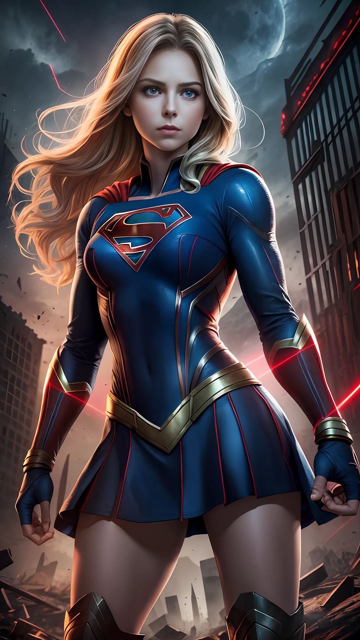 Supergirl with laser red eyes stands towering in an abandoned haunted lost city. Moonlight, highlights your muscles and scars. The scenery is lush and mysterious, with dark city and surroundings. The camera details everything --auto --s2