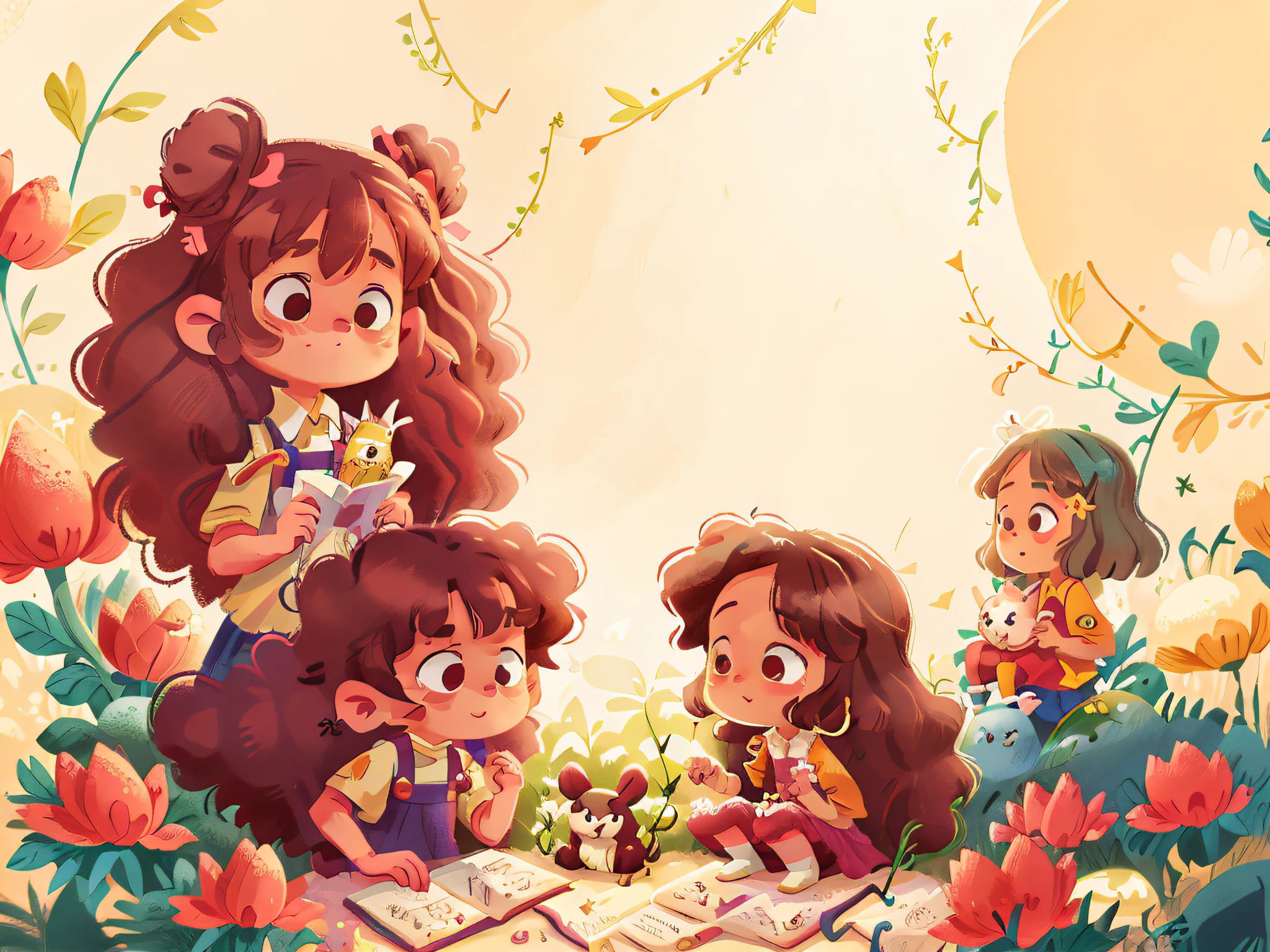 Two twin girls curly brown hair, Livia and Lavinia help injured white rabbit.
