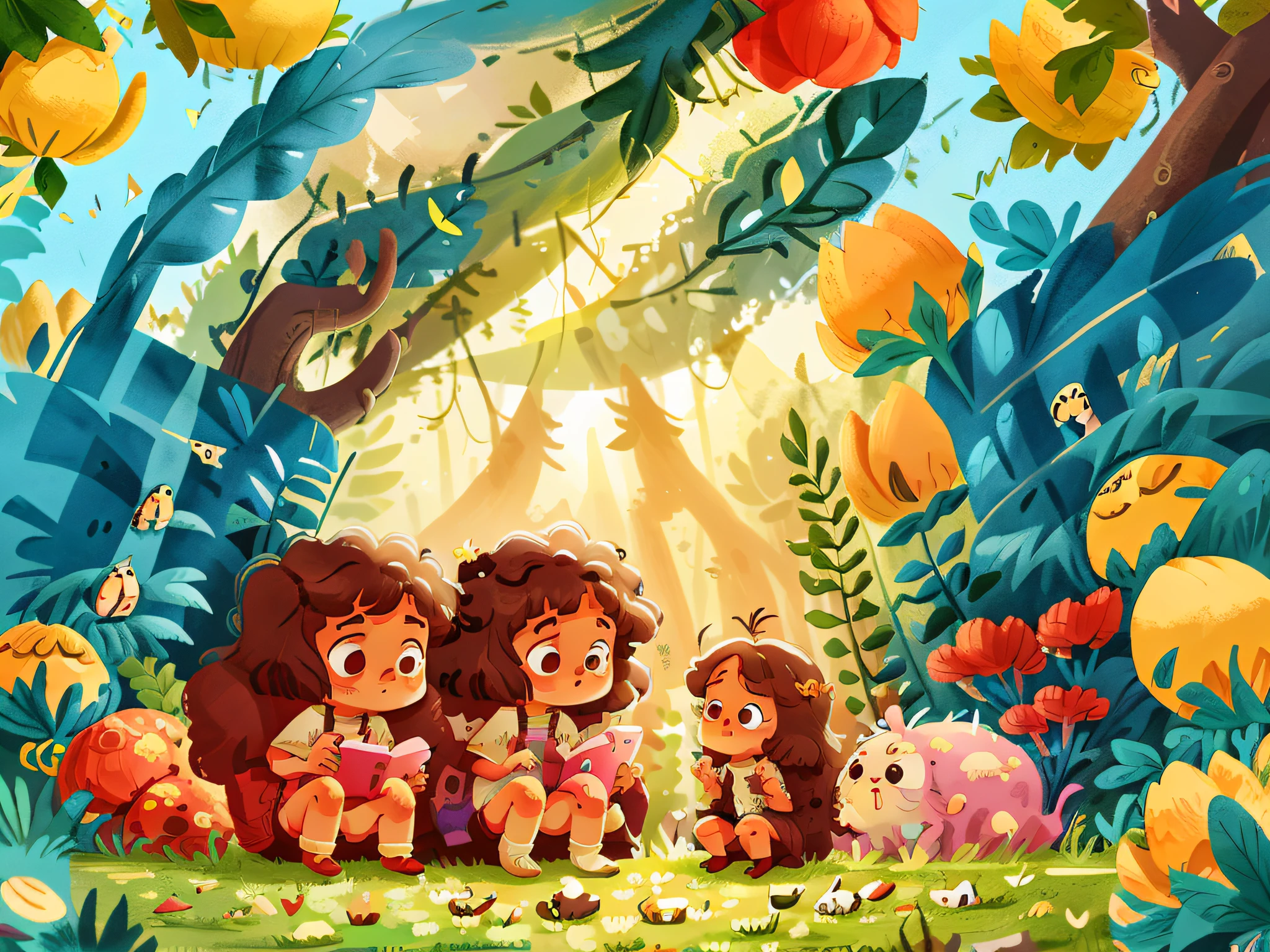 Two twin girls curly brown hair, Livia and Lavinia help injured white rabbit.