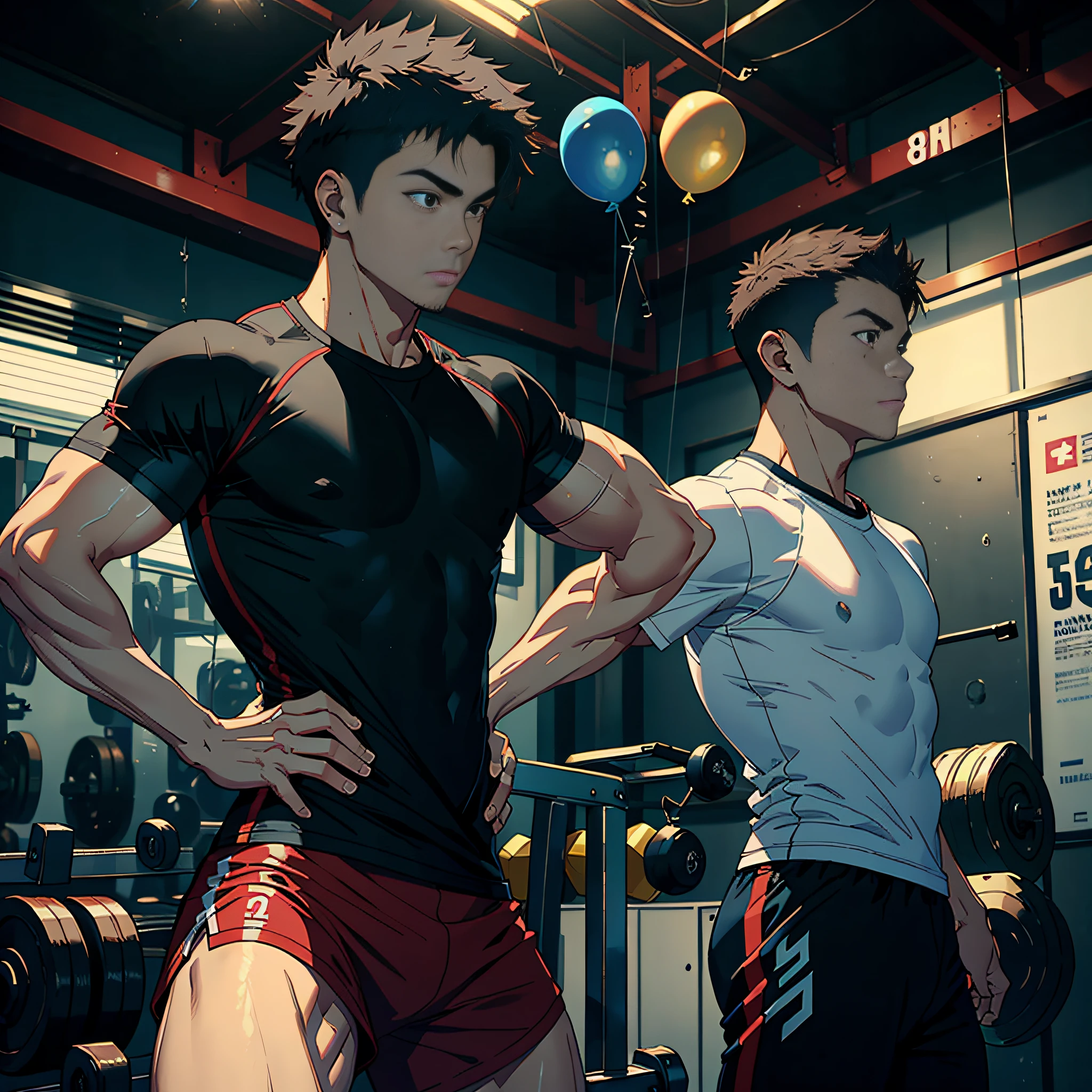 Masterpiece, Best Quality, 8K, Photographic Reality, Realistic, Octane Rendering , Japanese Gym Man (fitness trainer) upper body display (Sports T-shirt: 1.2) There are balloons on the ground
