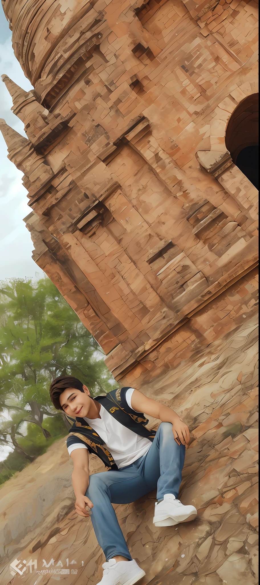 solo, male focus, 1boy, smiling, short brown hair, 1boy, (masterpiece, ultra quality, high resolution, 8k, intricate: 1.2), (detailed face:1.2), handsome, white skin, double eyelids , detailed skin, 1boy, ((realistic)), , good lighting quality, , ((pale skin)), have canine teeth,