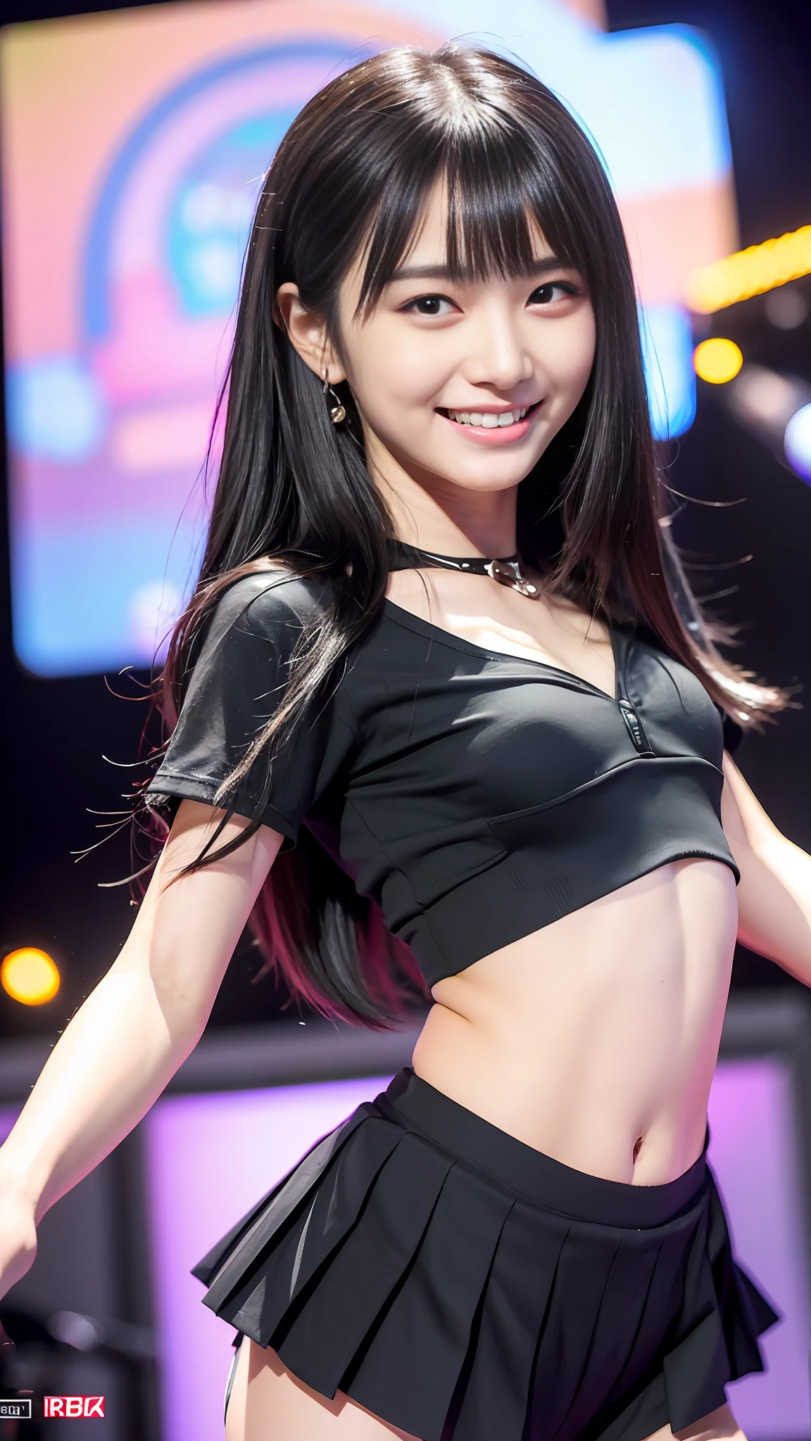(Solo), 1 Girl, Japan Person, (K-pop), (18 years old), ((grin :p)), (Dynamic:1.3), (Peeking from below:1.3), ((Open legs: 1.5)), (Stage costume: 1.3), (Pleated skirt), (T-shirt:1.2), (Lip), (One-length hair:1.2), ((Black hair:1.3)), (Cute:1.2), (Bokeh:1.3), ((Panties:1.4)), 8K, Best Quality, Masterpiece, Ultra High Definition, High Detail Face, (Fair Skin), (Slender Legs), (Small Waist:1.2), (Chest Tension:1.2), (Live Venue),