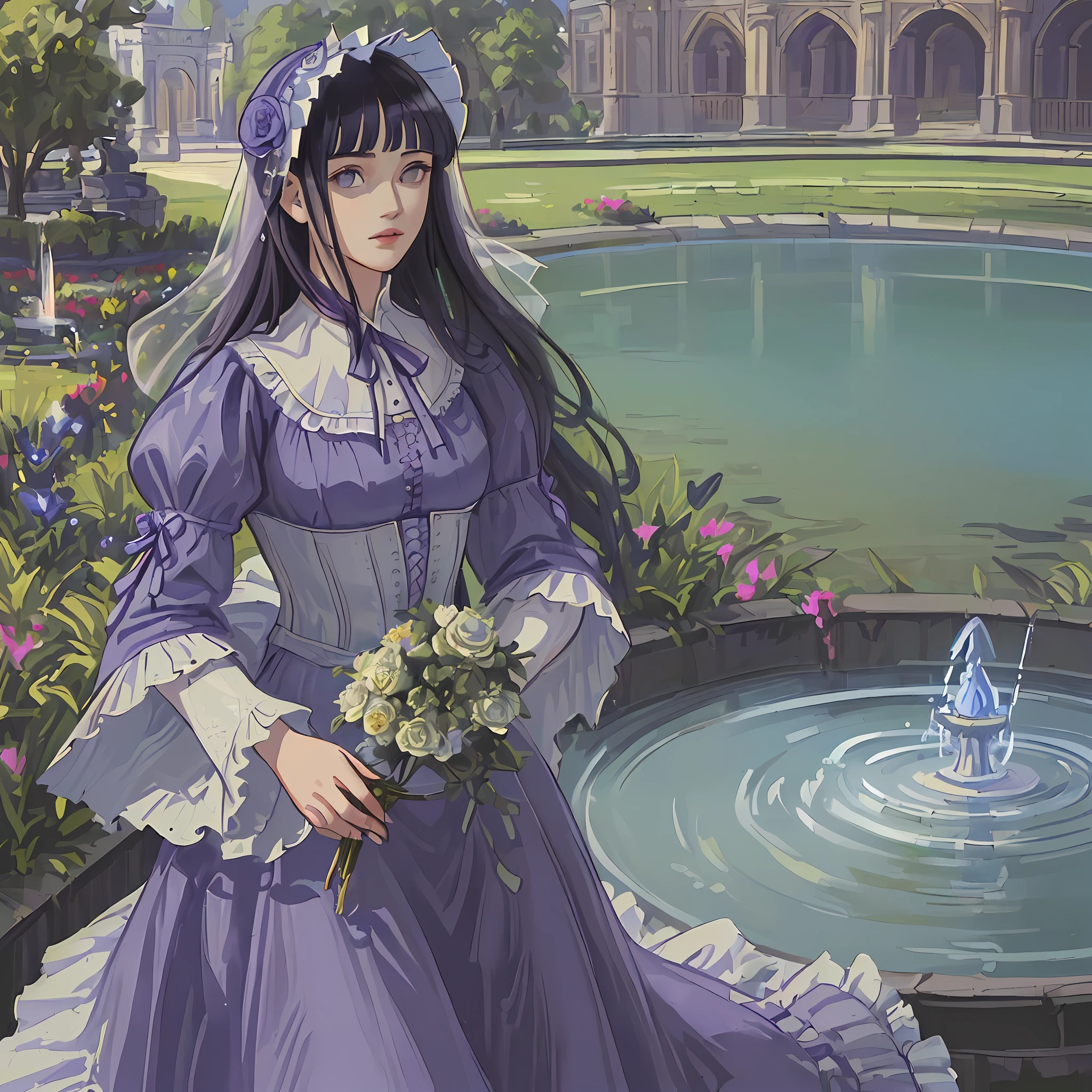 ((((masterpiece)))), (best quality), ((Hyper detailed)), ((High
detail)), ((Exquisite detail)), (1 girl), (solo), (cowboy shot), (looking
at viewer),((outside)), (((antique))), ((palace)), ((garden)), ((fountain)),
(flower), ((mature female)),((purple victorian dress)), ((medium breasts)),
((bonnet)), (long hair), hinata/(boruto/), dark blue hair, detailed lips, wavy hair
