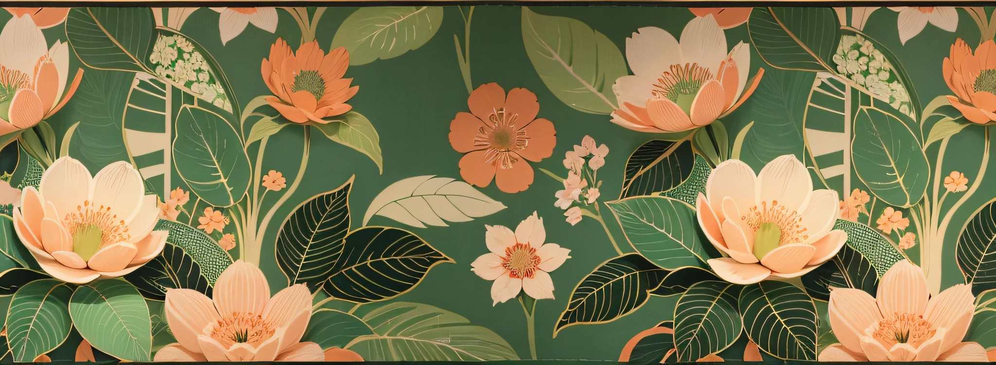 a close-up of a green and orange floral print fabric, green and pink fabric, inspired by Elizabeth Shippen Green, inspired by Katsushika Ōi, inspired by Eugène Grasset, inspired by Uemura Shōen, 70's, 70's, 1 9 2 0's, 7 0 - s, vintage! 5 colors image, flat illustration, size 16:9, spring flower patterns with leaves, white background, textile design, repetitive fabric pattern, textile print,