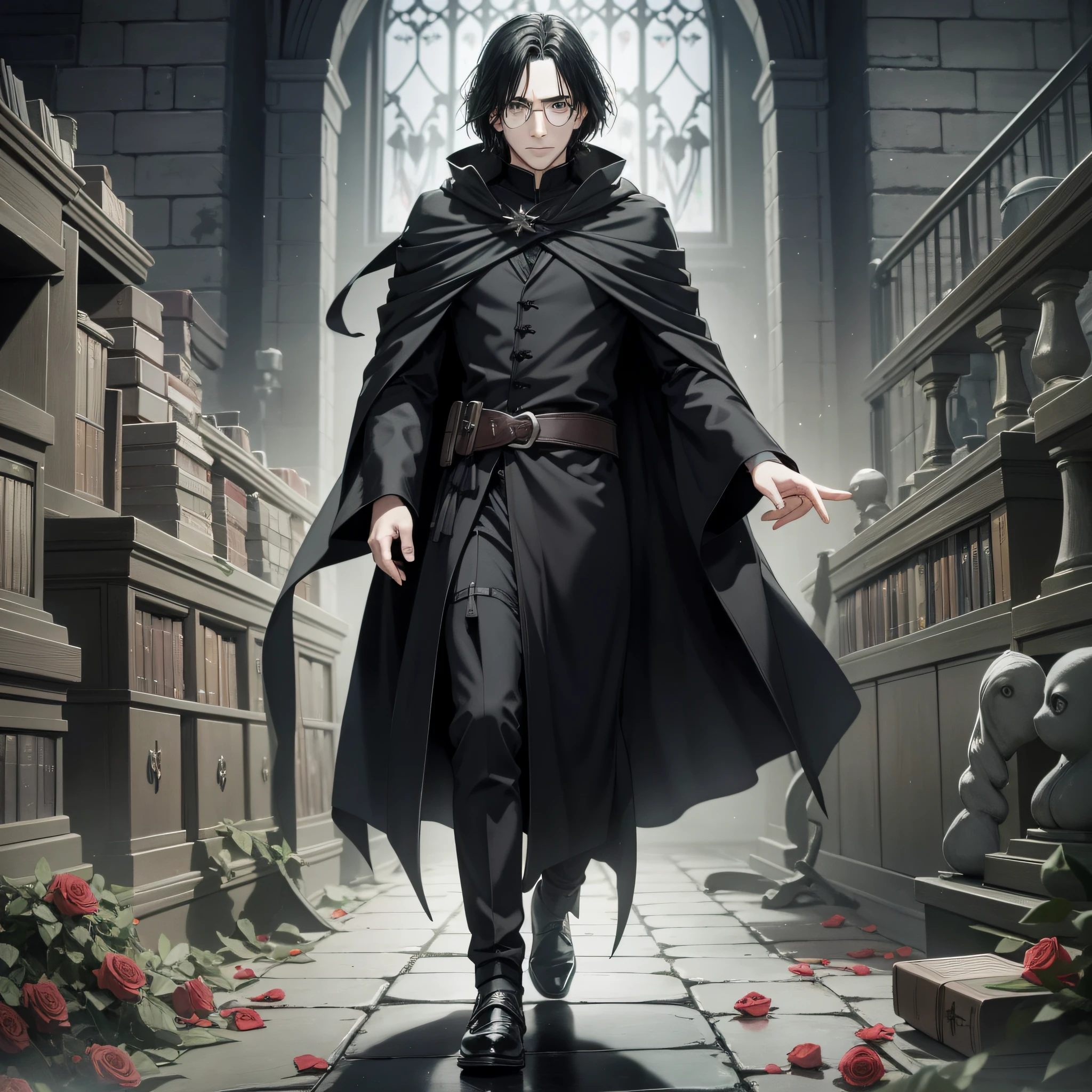 Standing Snape Half-Blood Prince Melancholy Man Sorcerer Skilled in Black Magic Black Robe With Roses Full Body Character Design Books Backpack Potion White Bandage Glasses Dove Staff