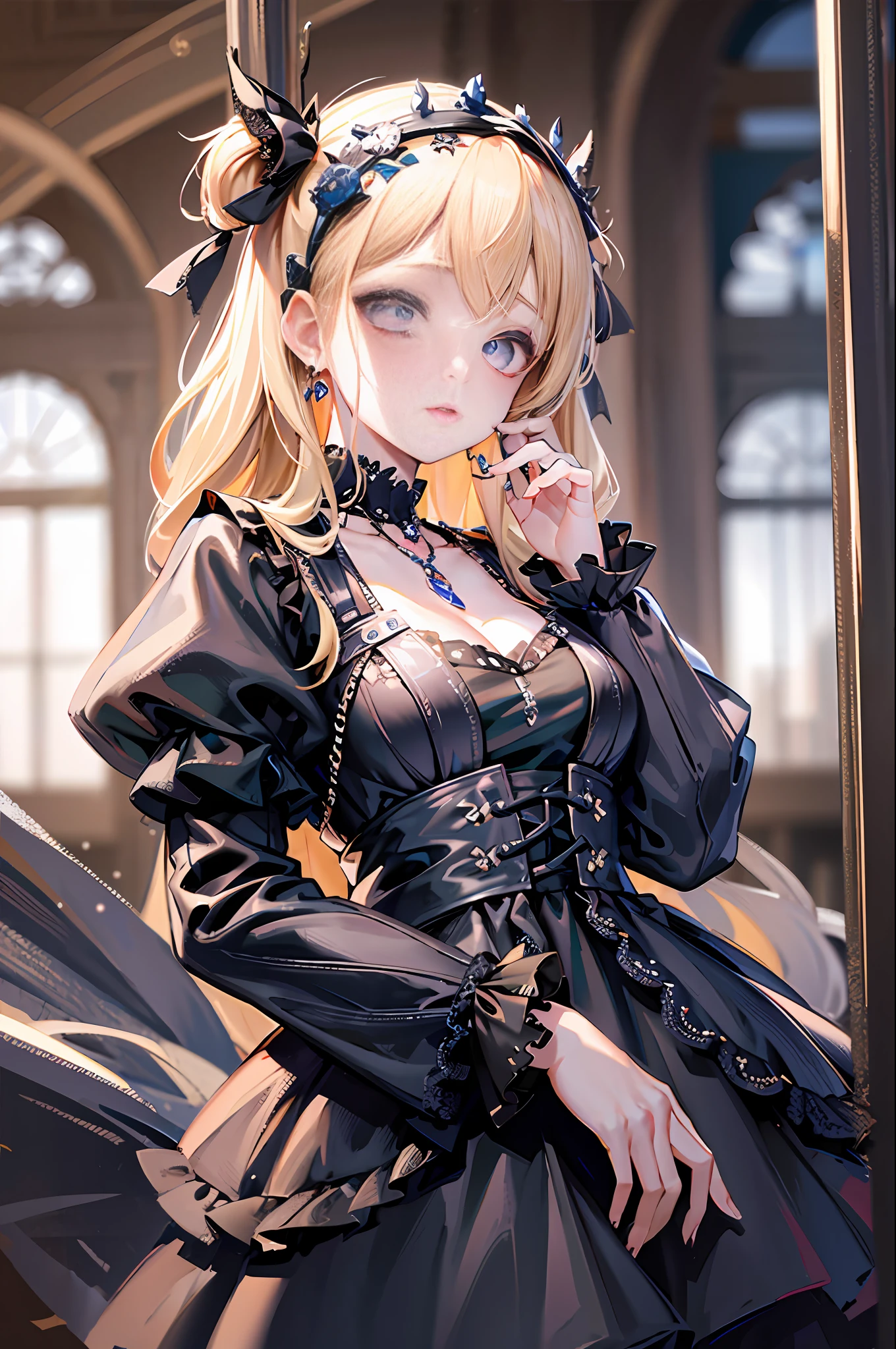 (Masterpiece: 1.2), (Best Quality: 1.2), Perfect Eyes, Perfect Face, Perfect Lighting, 1 Girl, Mature Female Goth Standing, Long Blonde Hair, Complex Hairstyle, Makeup, Black Lips, Thick Eyelashes, Huge Tits, Wearing Gothic Costume, Black and White Dress, Black Stockings, Frills, Ribbon, Fluffy Sleeves, Bare Shoulders, Lace, Necklace, Jewelry, Serenity, Quiet, Cold, Detailed Outdoor Background, Beautiful Landscape, Fantasy, Autumn, Warm Colors, Fallen Leaves