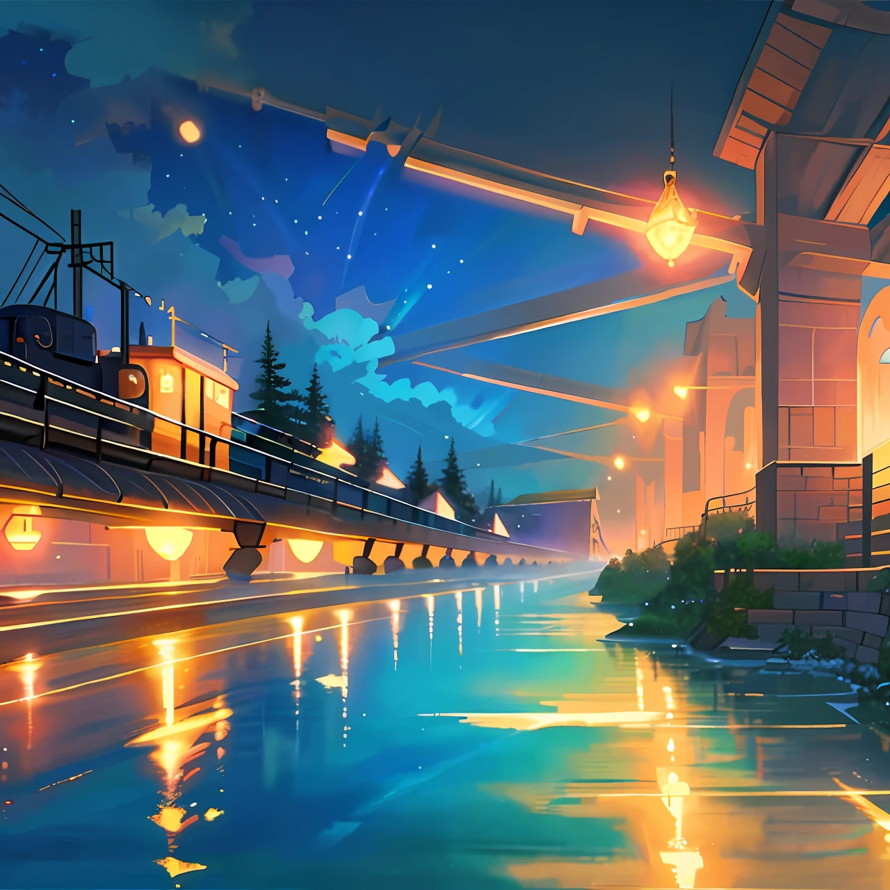 High-quality masterpieces, landscapes, steam locomotives passing water bodies on the tracks, bright starry sky. Romantic train, pixiv, concept art, lofi art style, reflection. Makoto Shinkai, rophy art, beautiful anime scenes, anime scenery, detailed scenery — width 672, Makoto Shinkai's style, Makoto Shinkai's style, enhanced details.
