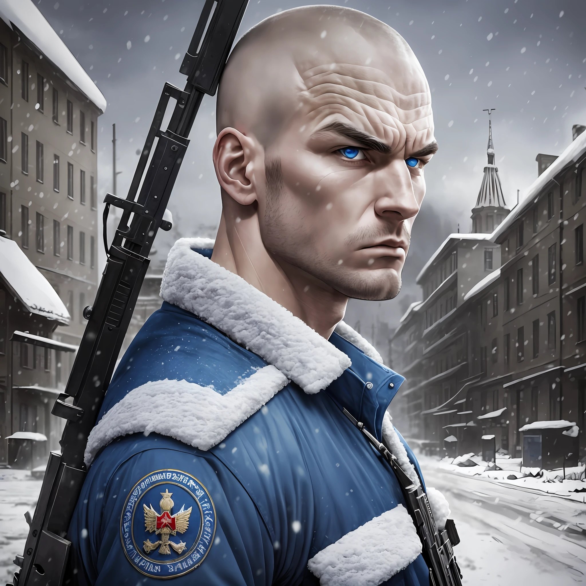 Russian, Young Military, Muscular, Tall, BLUE Uniform Shaved Head, Angry,
white eyes without pupil, Holding a rifle in the snow, Dark colors, old buildings, Post apocalyptic,Realistic, Full HD, best quality