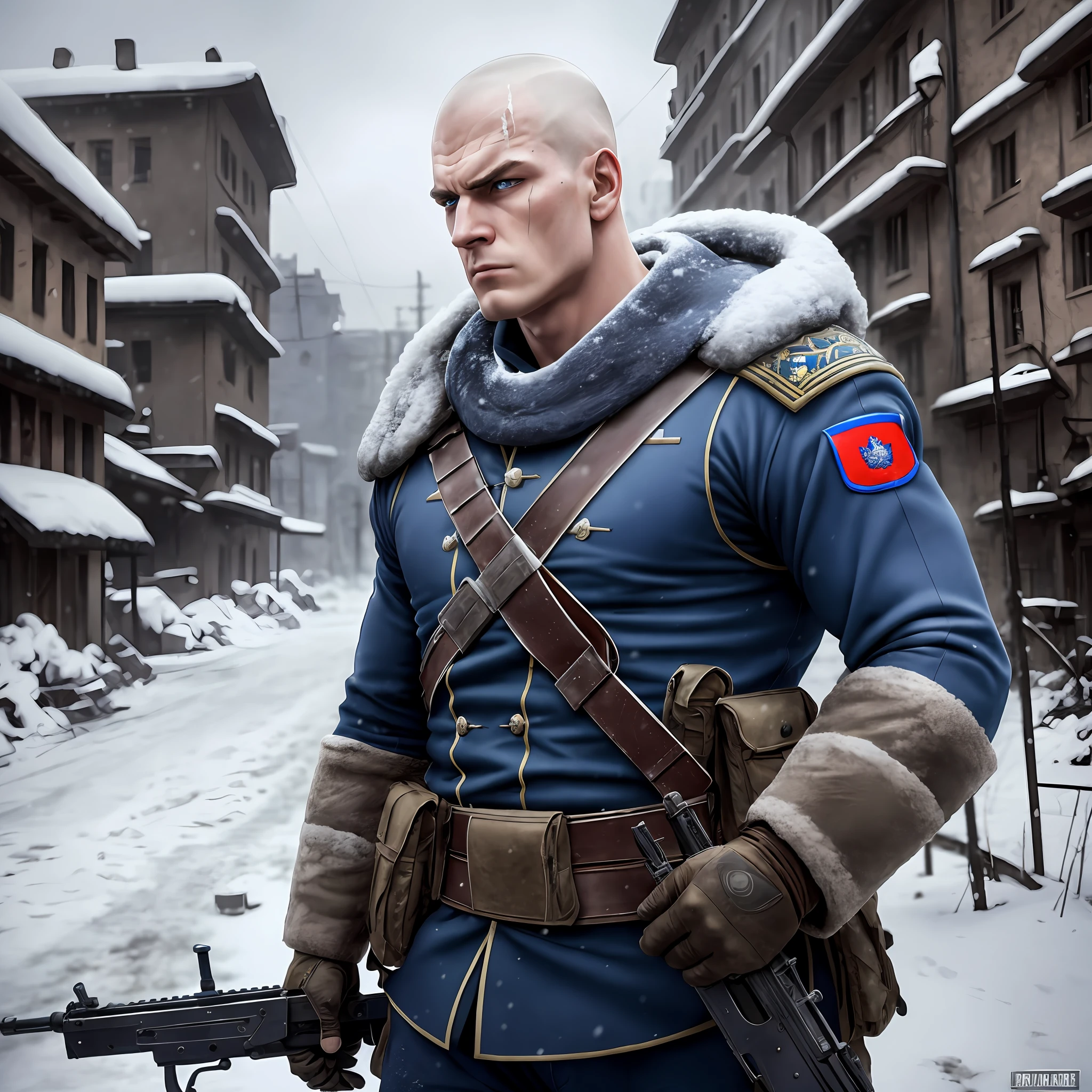 Russian, Young Military, Muscular, Tall, BLUE Uniform Shaved Head, Angry,
white eyes without pupil, Holding a rifle in the snow, Dark colors, old buildings, Post apocalyptic,Realistic, Full HD, best quality