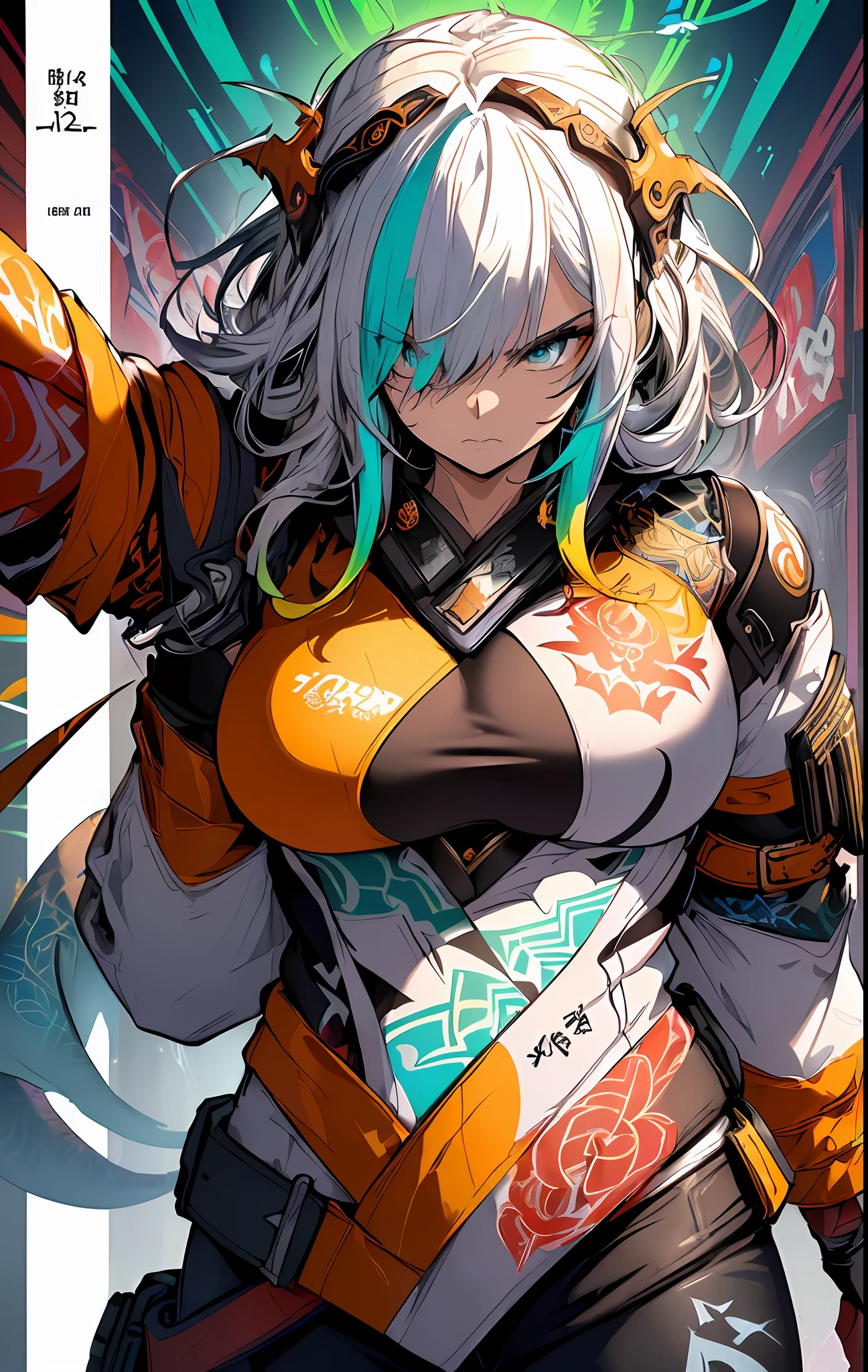 ((((dramatic))), (((gritty))), (((intense))),background, mixed-language_text, Japanese letters in graffit ,girls, excellent lighting, sidelighting, (), vhsKeeper,, style GUILTY GEAR -STRIVE perfect ultimate (flat color: 1.3), (magazine_cover: 1.4), (multicolored_background: 1.3), striped_background, card_background, :: comix style by joe madureira :: circular pieces of white metals glued to the arms coming out shimmering yellow glow,big breast , perfect and detailed, ultra detailed shirt with abstract design and with Japanese letters in graffit of the sides of the clothing, image of full-body girls fighting next to you with powerful dragons versus alien creature full of tentacles, with immersive effects, hover effect, background graffiti style tribal tattoo with vibrant colors "HDR ultra" detailed and with focus effect, (masterpiece: 1.2, best quality), (finely detailed beautiful eyes: 1.2), , ((Solo)), (Finely detailed eyes and detailed face:1.3), in various full-body attack poses, (cute background: 1.2),futuristic costume, super detailed circular metals Clinging to arms and pants, fantastic paintings
, absolutely stunning eyes, hyper detailed, highest resolution,hair covering eyes's, beautiful face, beautiful eyes, vibrant colors, night, highest quality digital art, stunning art, 4k,8k,64k wallpaper, HD, incomparable masterpiece, dynamic lighting, cinematic, epic