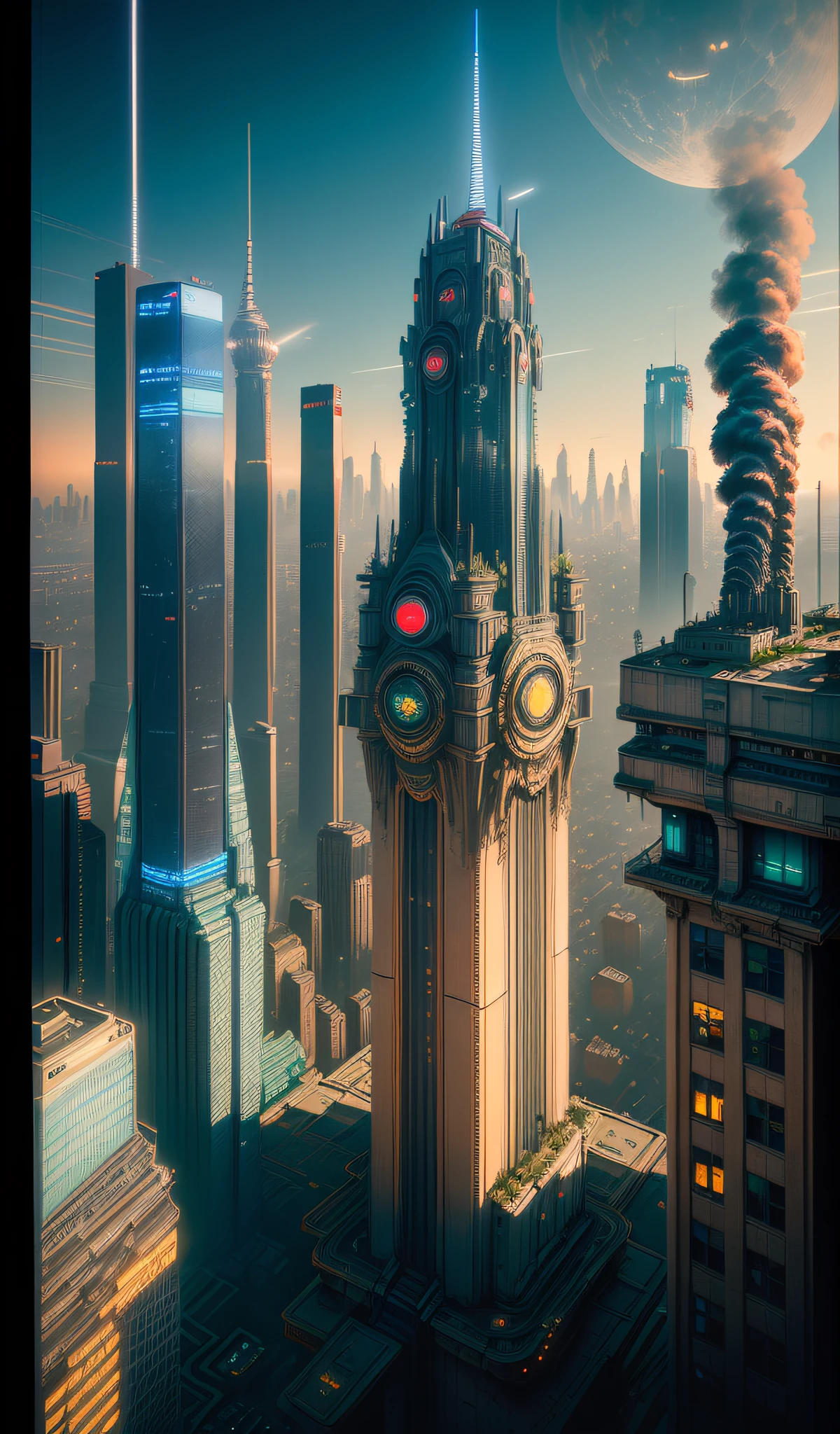 ((masterpiece)),((best quality)),((high detial)),((realistic,))
giant robots in the middle of city, tower with eyeballs, Industrial age city, deep shaft in the middle of city, architectural streets, stores, steel bridges, steampunk, cyberpunk buildings, neon signs, (view from top:1.5)