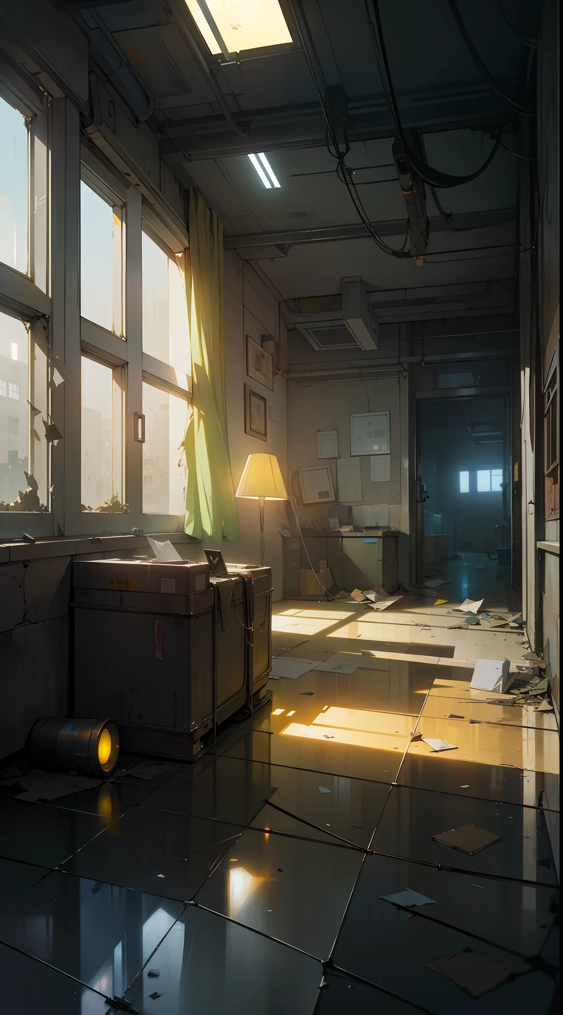 masterpiece, best quality, (abandoned futuristic office), (suspense environment), worn walls, cracks, cables, abandoned boxes, garbage and papers on the floor, pipes, light bulbs (volumetric yellow light), window with dirty glass, (dense fog), volumetric lighting, dust in the environment, wet floor, light reflections on the floor, very dark night