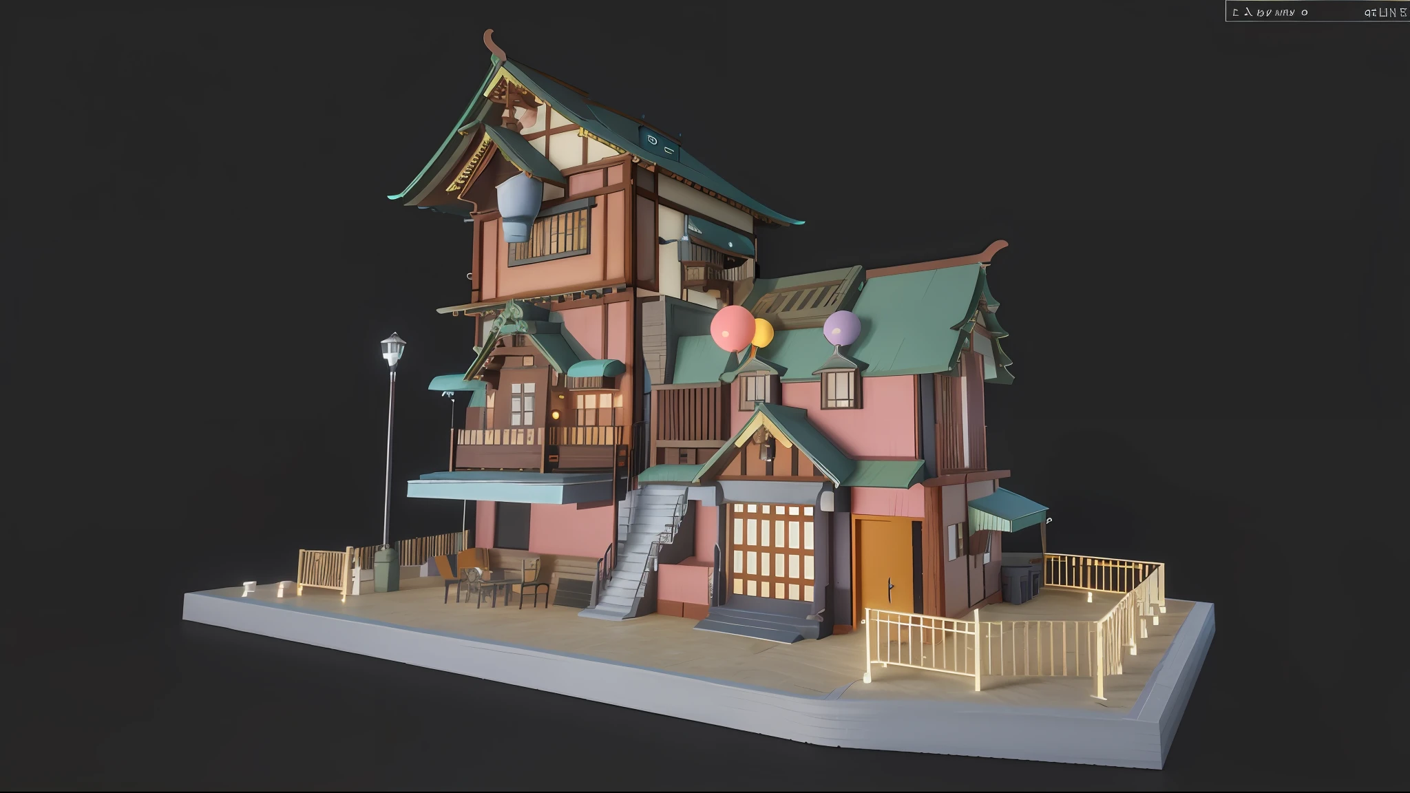 a close up of a building with a staircase and a balcony, studio ghibli scheme, ghibli studio style, 3 d render stylized, stylized 3d render, studio ghibli environment, kawaii hq render, japanese house, style of studio ghibli, a multidimensional cozy tavern, anime styled 3d, in style of studio ghibli, stylized as a 3d render --auto --s2