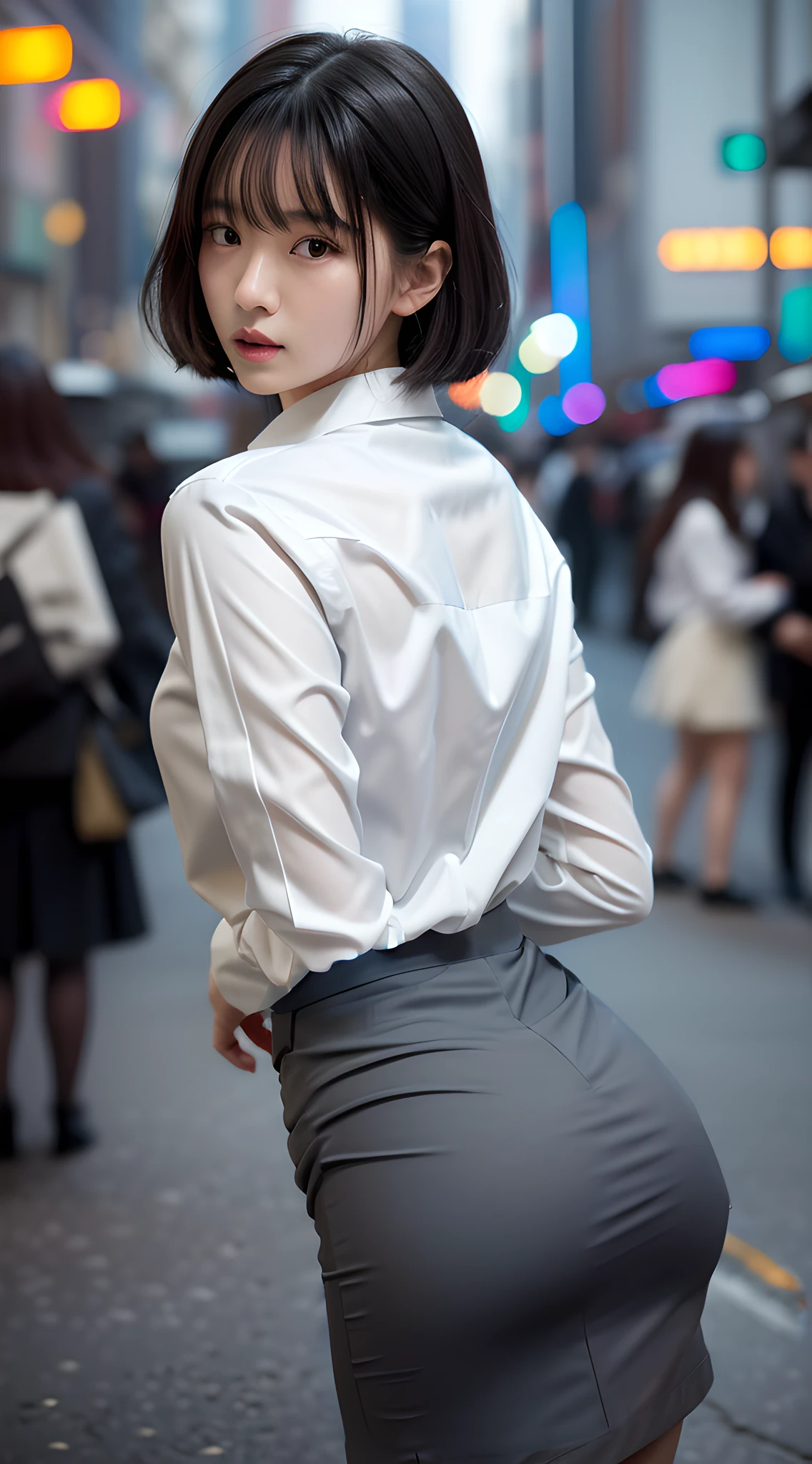 back shot, dark grey pencil skirt