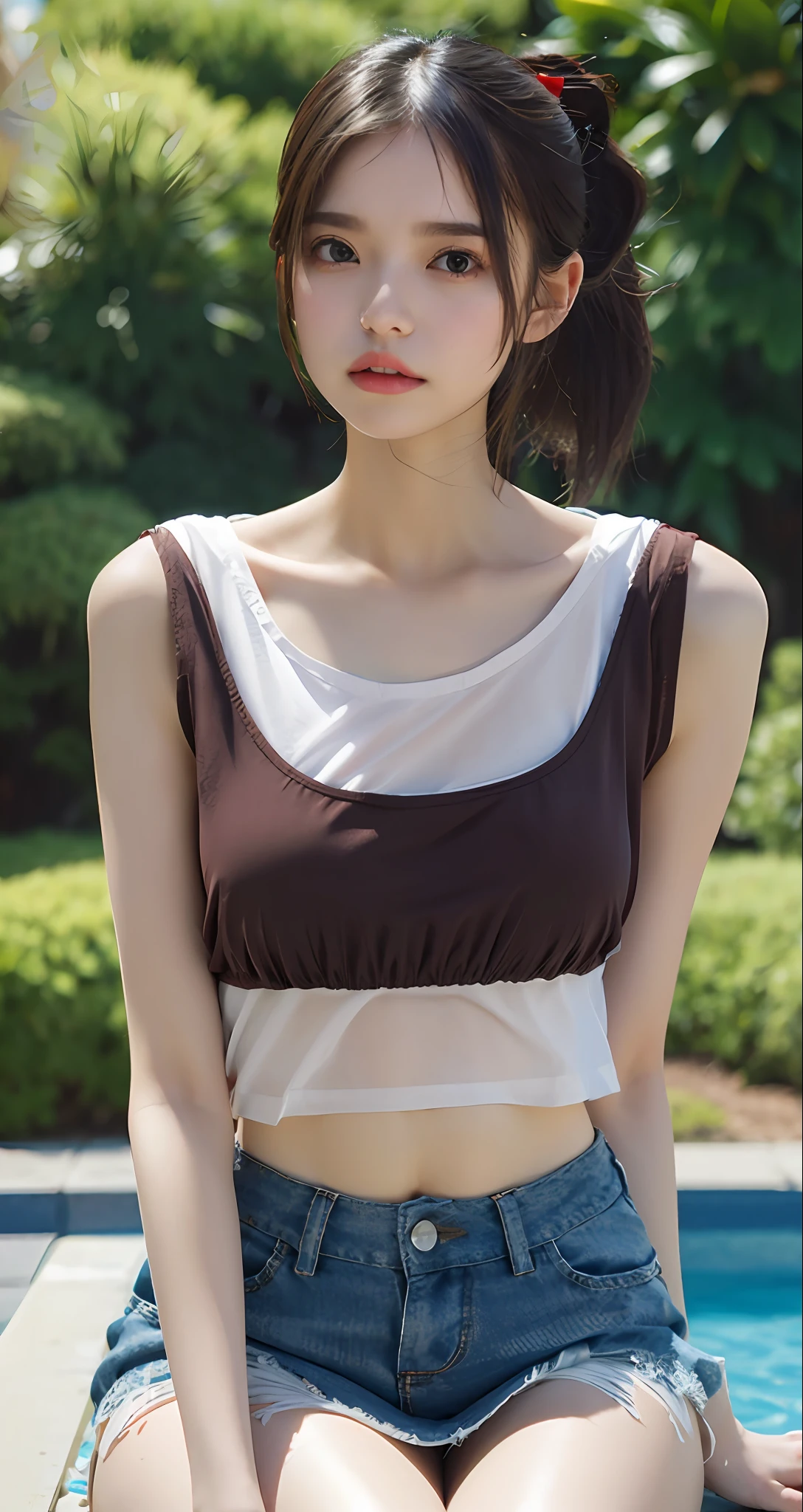 ((Top Quality, 8k, Masterpiece: 1.3)), nsfw2.5, underboob, Torn clothes:1.5,Mini Skirt,Openlegs:1.5,Seated,1 Girl, Beauty with Slender Abs: 1.3, (Dark Brown Hair, Ponytail, Big: 1.2), Wet Body: 1.2, Pool, Super Detail Face, Detail Eye, double eyelid, tank top, shirt lift,see through,nude,