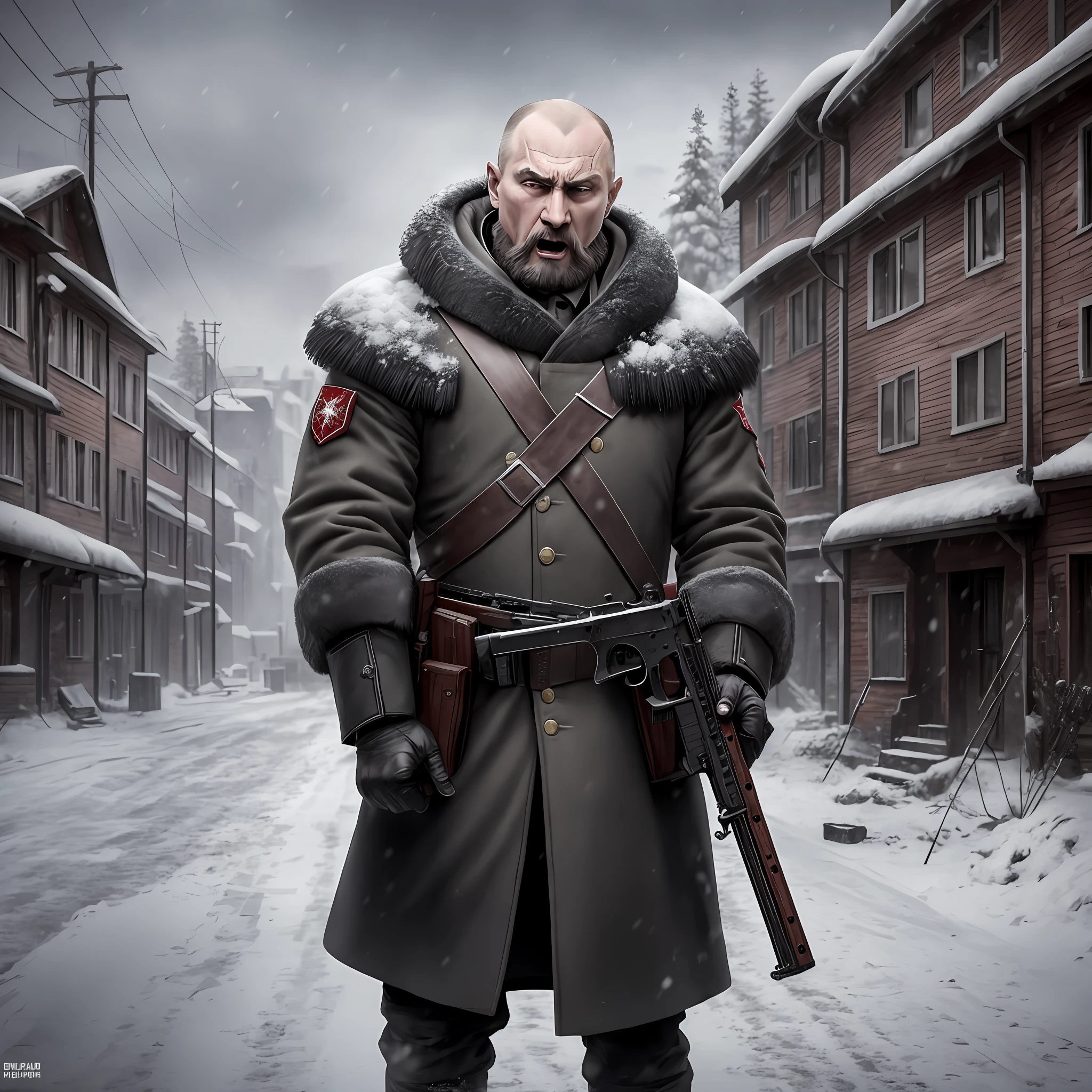 Russian, Vladimir Putin, Tall, Uniform, Shaved Head, Beard, Angry, Screaming
red eyes without pupil, Holding a rifle in the snow, dark colors, old buildings, apocalyptic powder,Realistic, Full HD, best quality