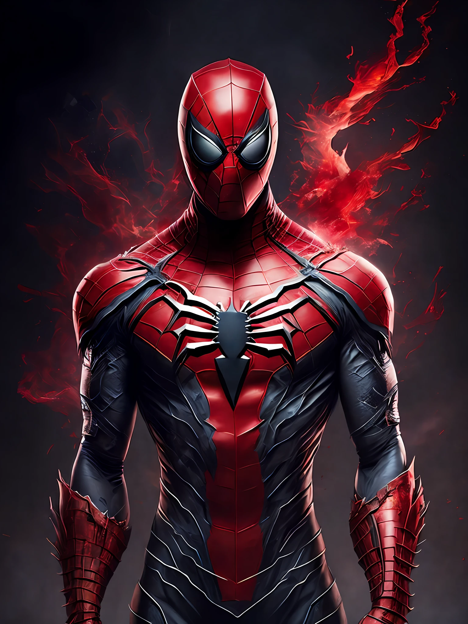 мрачный портрет Killer Spider-Man (the whole suit is covered in blood, torn pieces of the suit) from Marvel, с замысловатыми угловатыми кибернетическими имплантатами внутри бруталистского здания, готический бруталистский собор, киберпанк, удостоенное наград фото, боке, неоновые огни, кибернетическая конечность