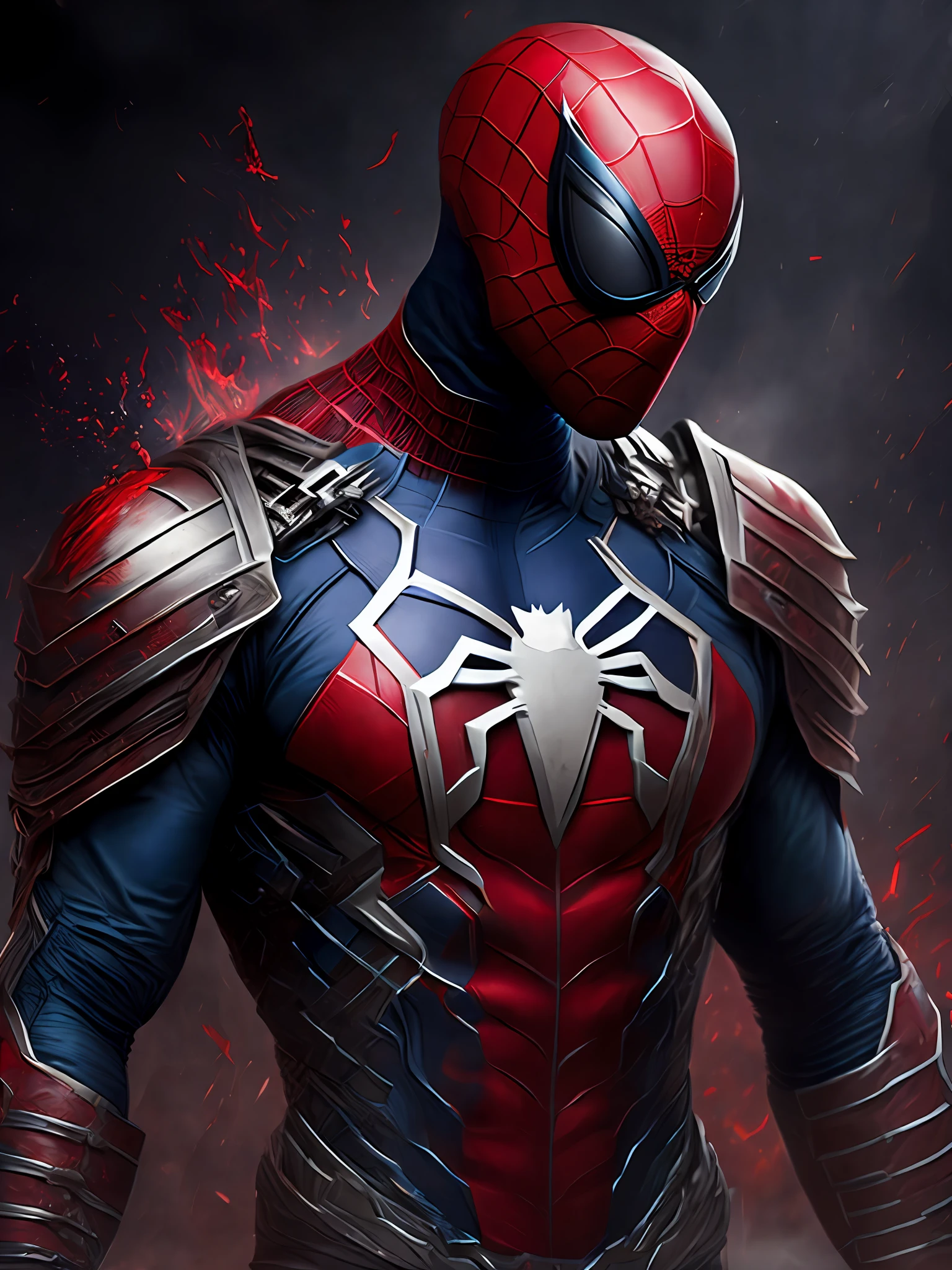 мрачный портрет Killer Spider-Man (the whole suit is covered in blood, torn pieces of the suit) from Marvel, с замысловатыми угловатыми кибернетическими имплантатами внутри бруталистского здания, готический бруталистский собор, киберпанк, удостоенное наград фото, боке, неоновые огни, кибернетическая конечность