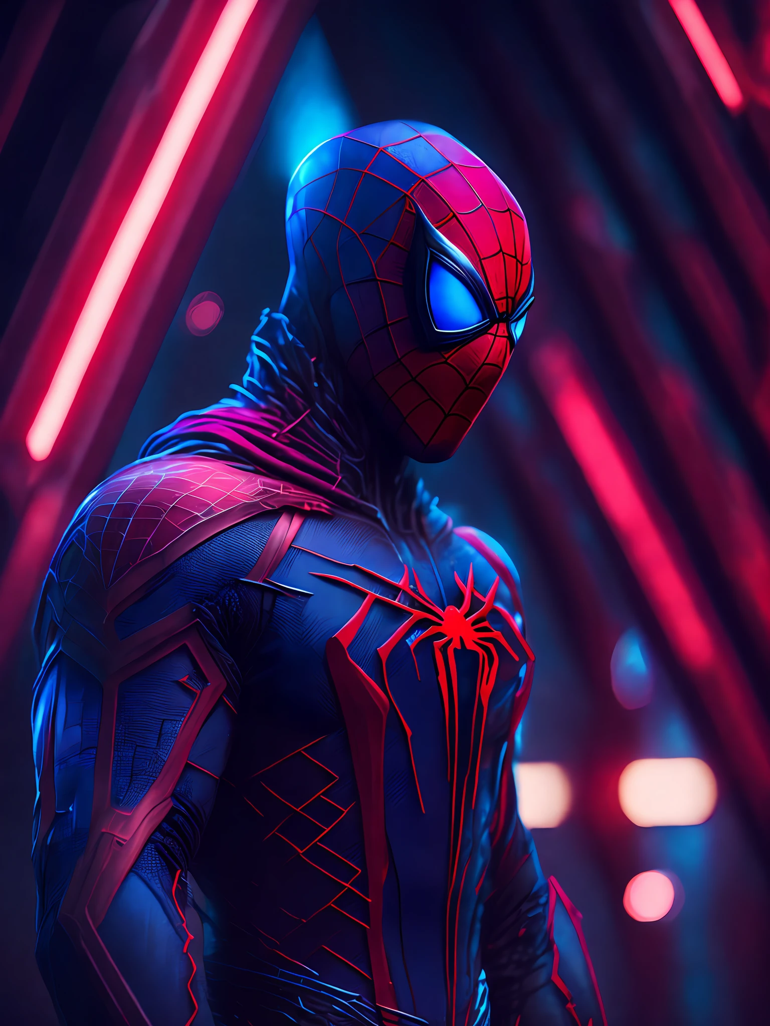 a somber portrait of Killer Spiderman from Marvel, with intricate angular cybernetic implants inside a brutalist building, a gothic brutalist cathedral, cyberpunk, award-winning photos, bokeh, neon lights, cybernetic limb