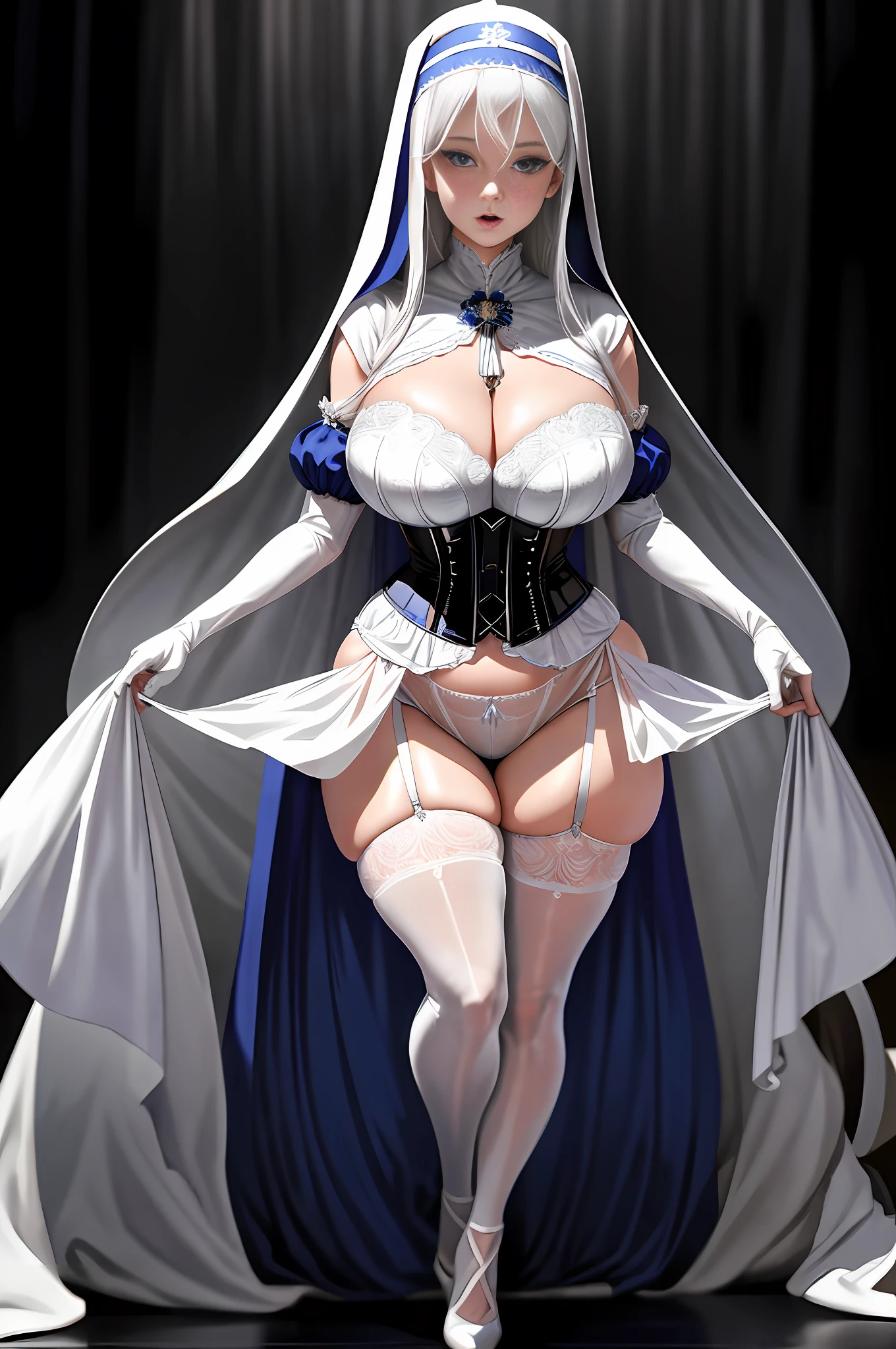 Ultra-realistic 8k CG, beautiful girl with white hair, blue eyes, open mouth, puffy, plump body, nun bandana, corset nun gown, fleshy thighs, white patterned stockings, high heels, (full body: 1.4), looking at the audience, symmetrical, charming, complex, sexy, elegant, hands interlocked,