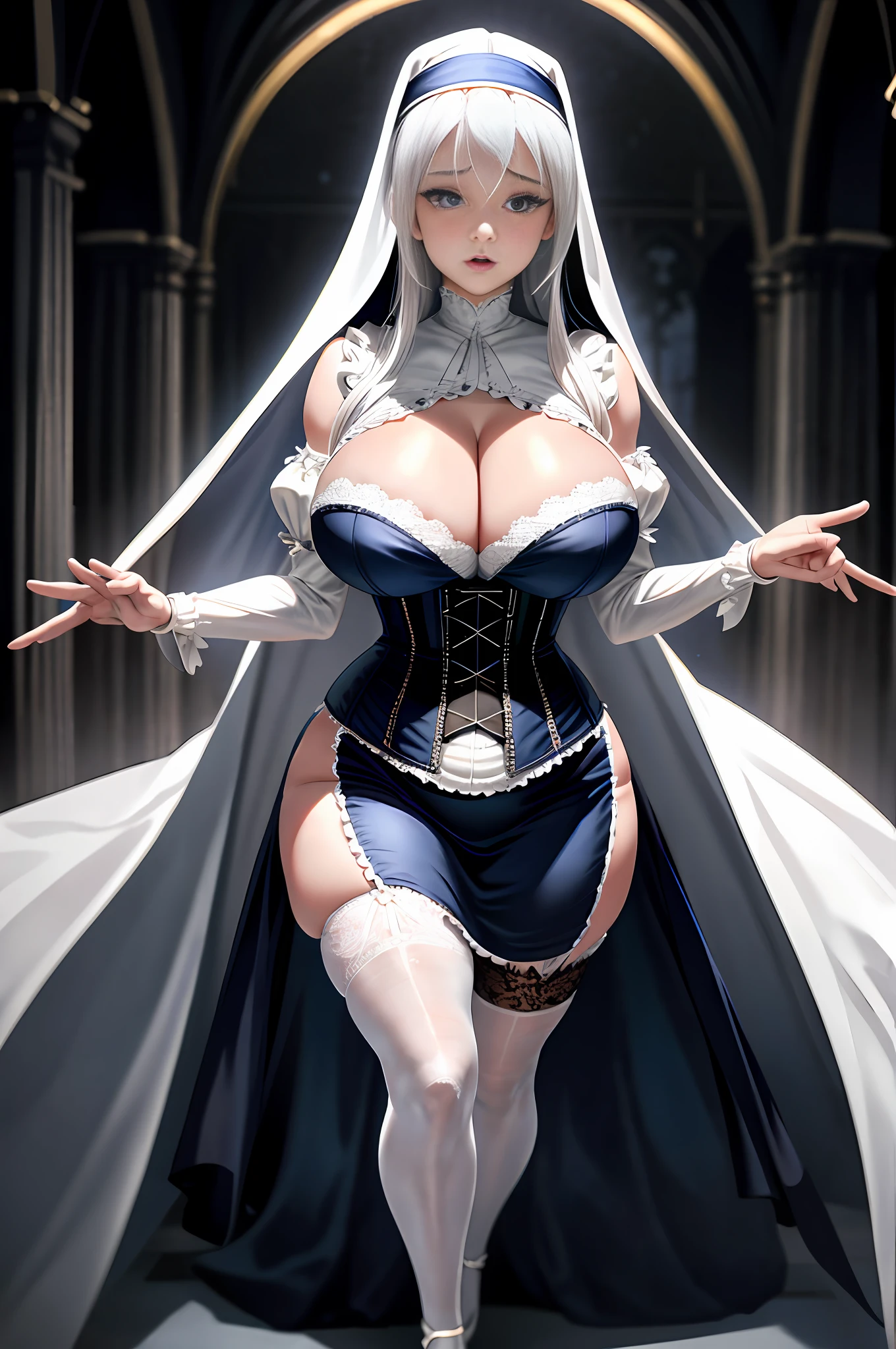 Ultra-realistic 8k CG, beautiful girl with white hair, blue eyes, open mouth, puffy, plump body, nun bandana, corset nun gown, fleshy thighs, white patterned stockings, high heels, (full body: 1.4), looking at the audience, symmetrical, charming, complex, sexy, elegant, hands interlocked,