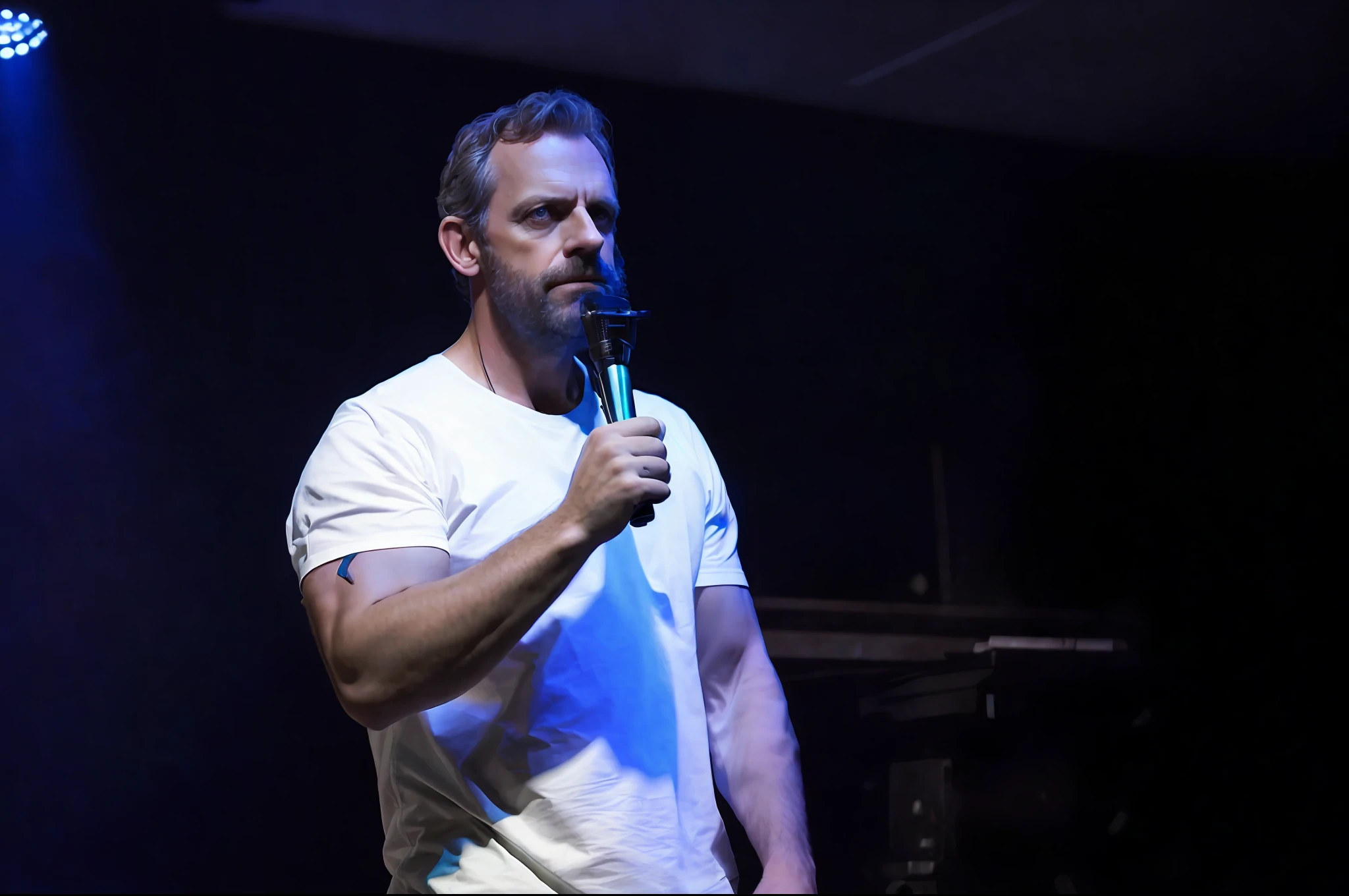 portrait of a award winning photo of hugh laurie posing in a dark studio, (rim lighting,:1.4) two tone lighting, sharp focus, teal hue, octane, unreal, dimly lit, low key,